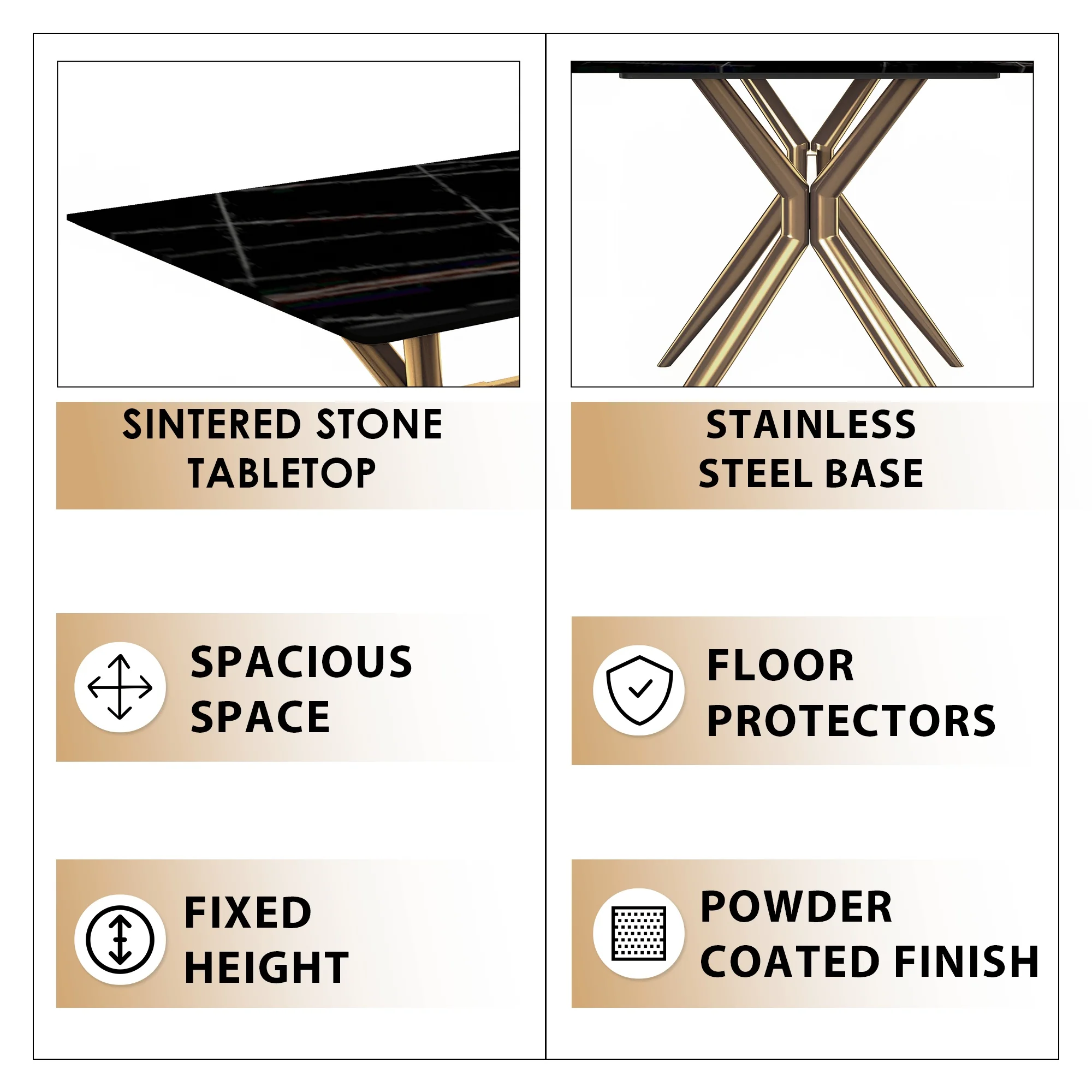 Elega Series Gold Stainless Steel Dining Table 71" With Black/Gold Sintered Stone Top