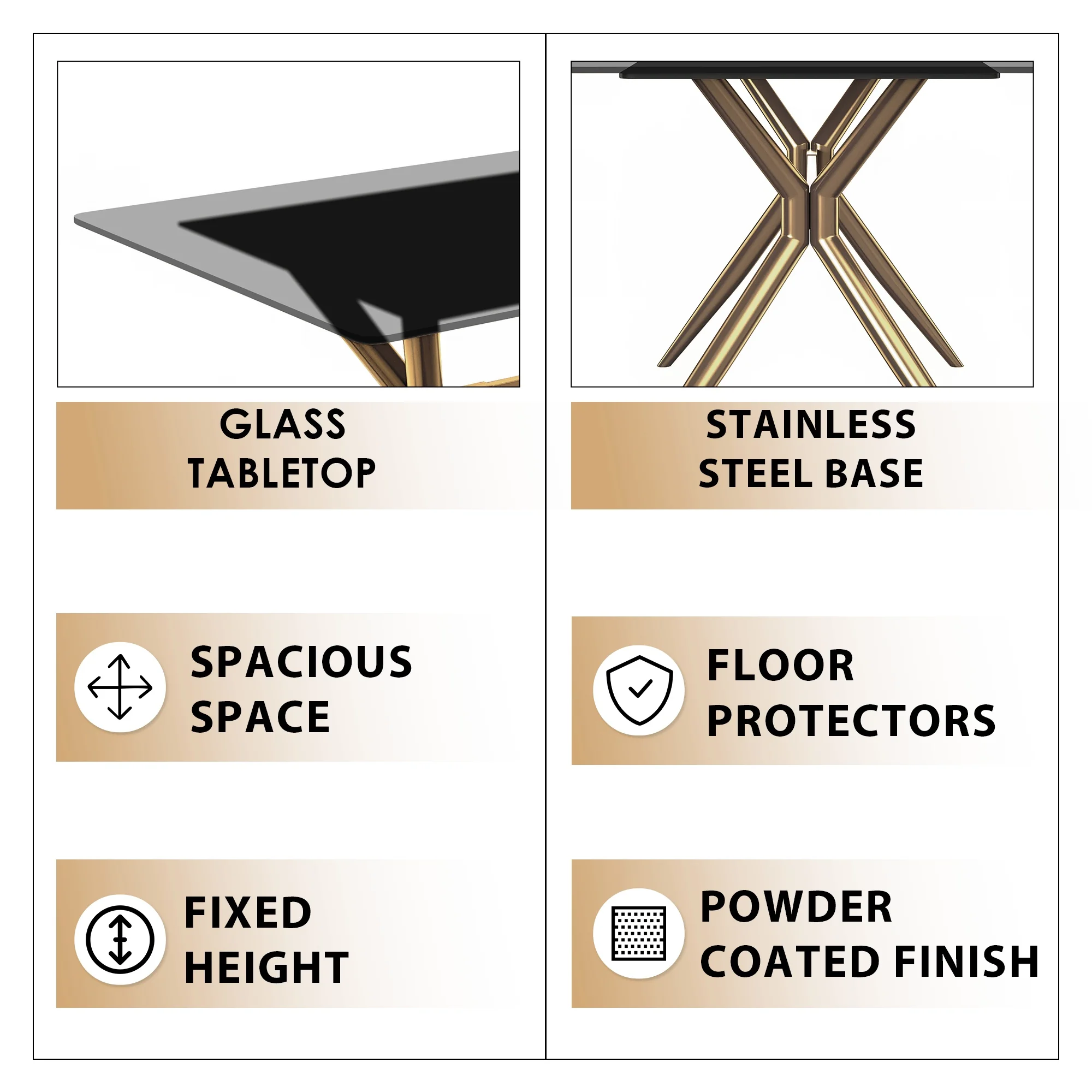 Elega Series Gold Stainless Steel Dining Table 71" With Clear Glass Top