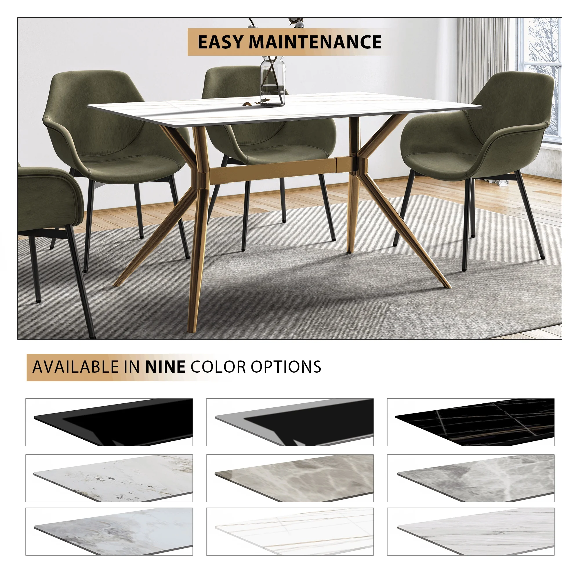 Elega Series Gold Stainless Steel Dining Table 71" With White/Gold Sintered Stone Top