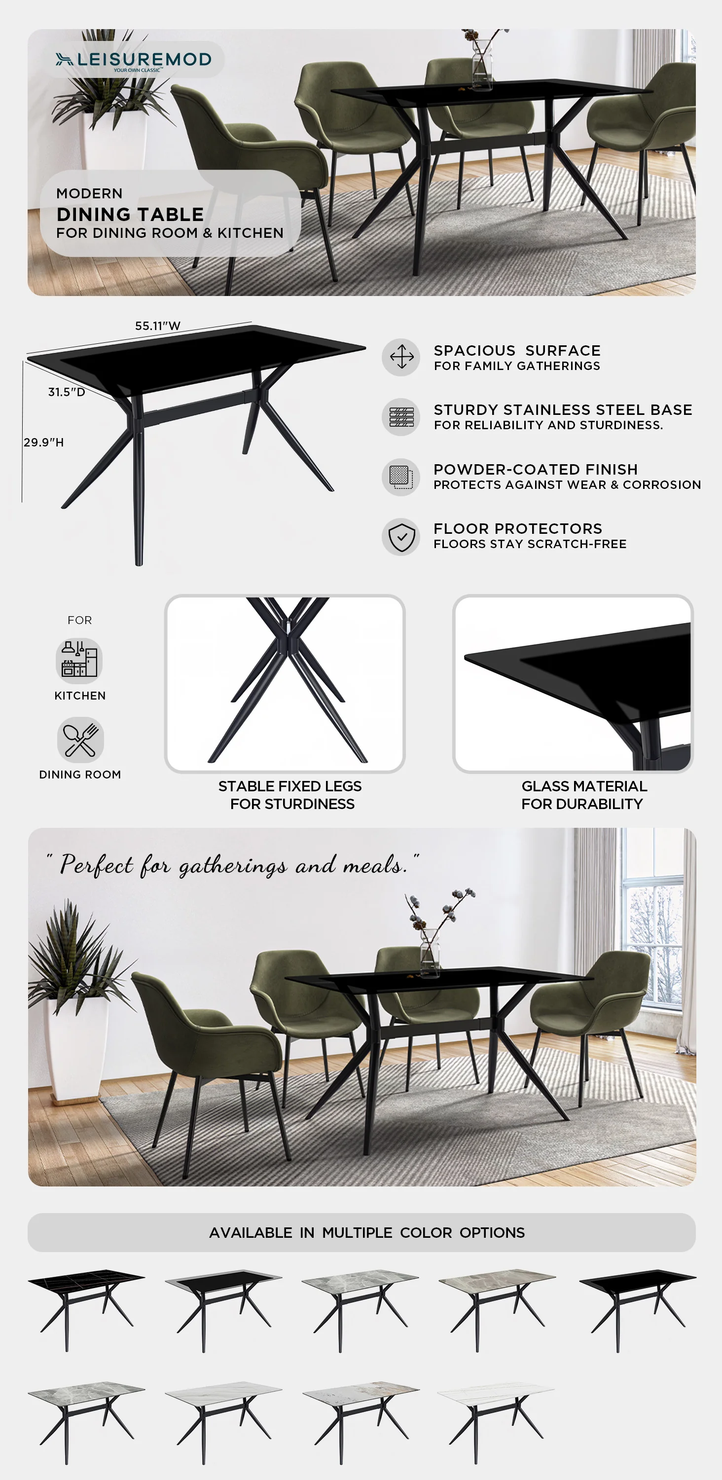 Elega Series Black Stainless Steel Dining Table 55 With Black Glass Top