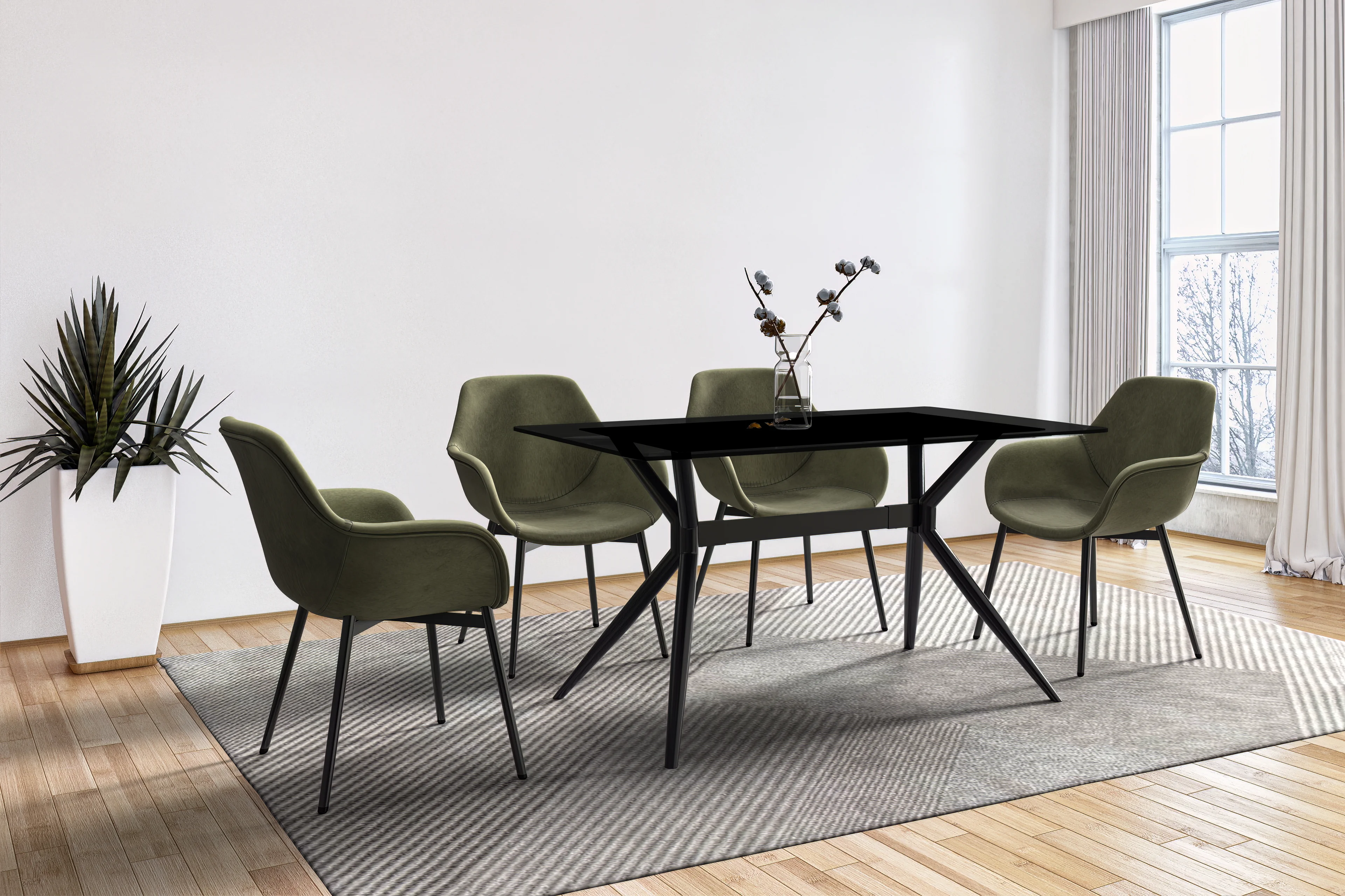 Elega Series Black Stainless Steel Dining Table 55 With Black Glass Top