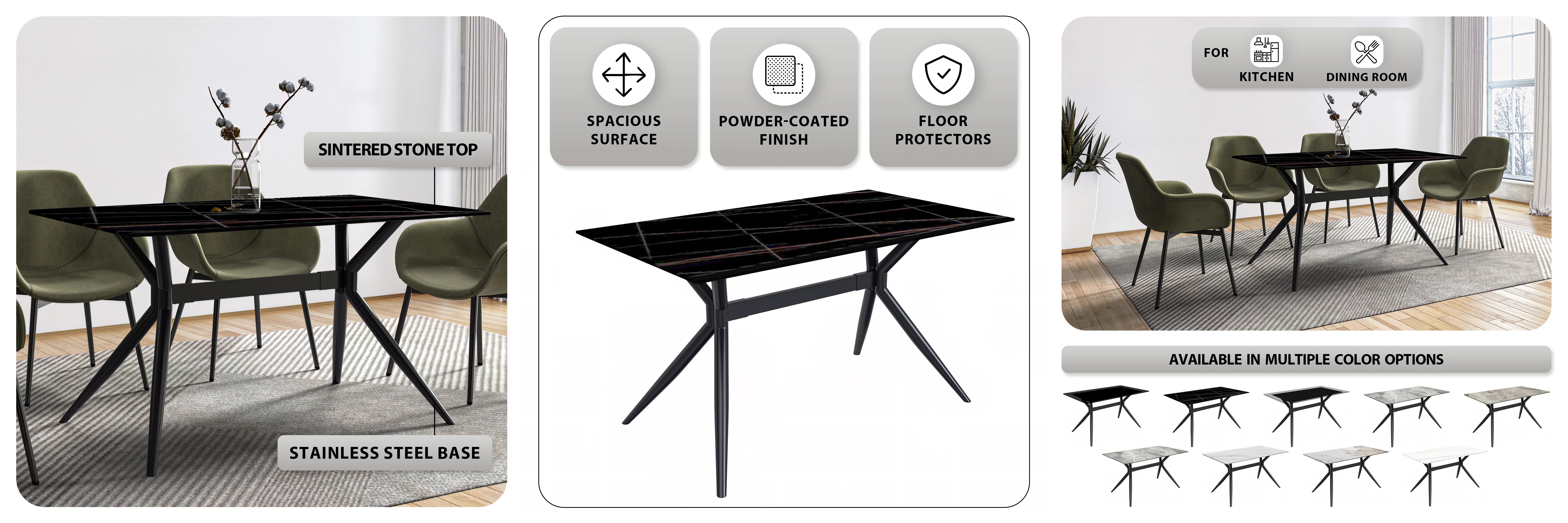 Elega Series Black Stainless Steel Dining Table 55 With Black/Gold Sintered Stone Top