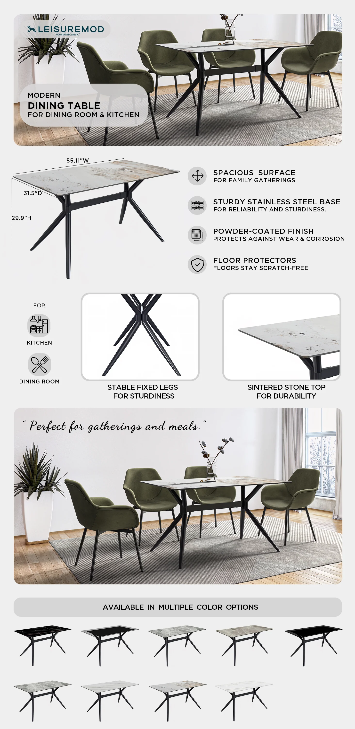 Elega Series Black Stainless Steel Dining Table 55 With White Grey Sintered Stone Top