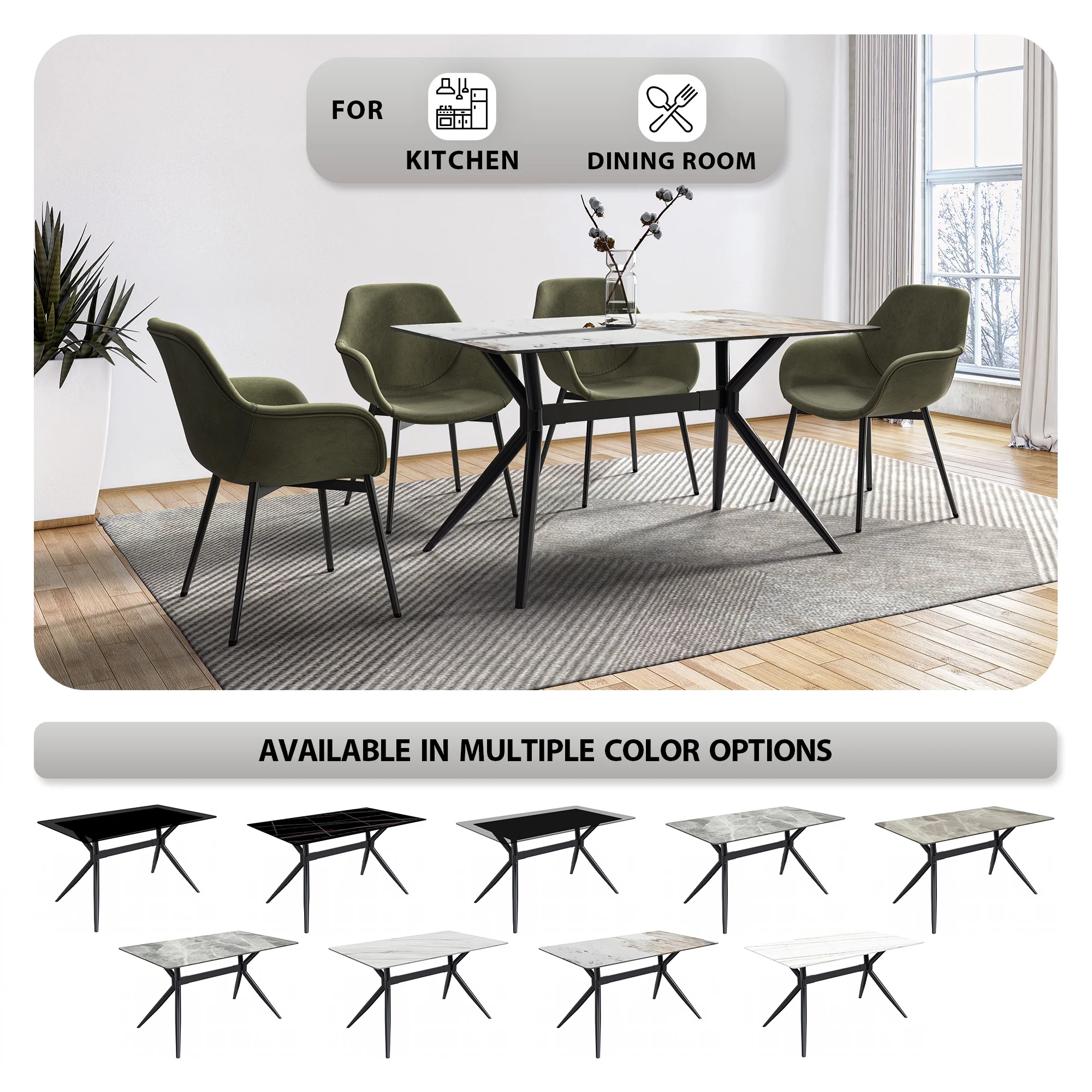 Elega Series Black Stainless Steel Dining Table 55 With White Grey Sintered Stone Top