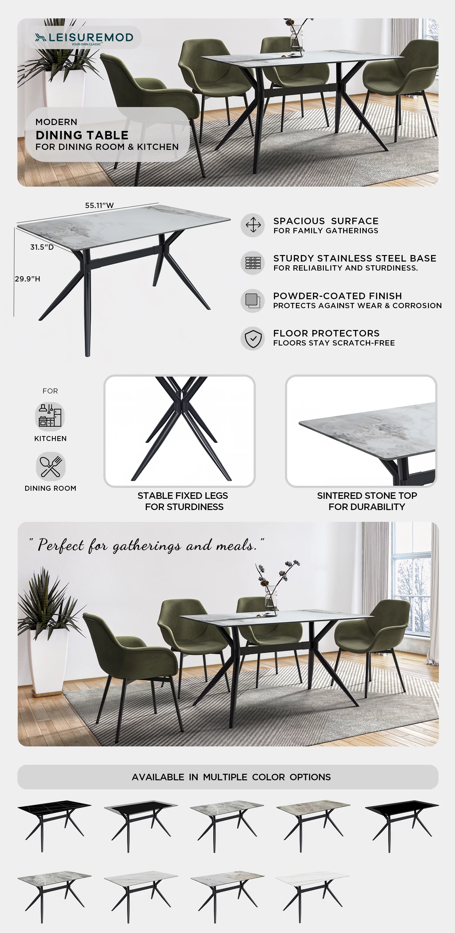 Elega Series Black Stainless Steel Dining Table 55 With Medium Grey Sintered Stone Top