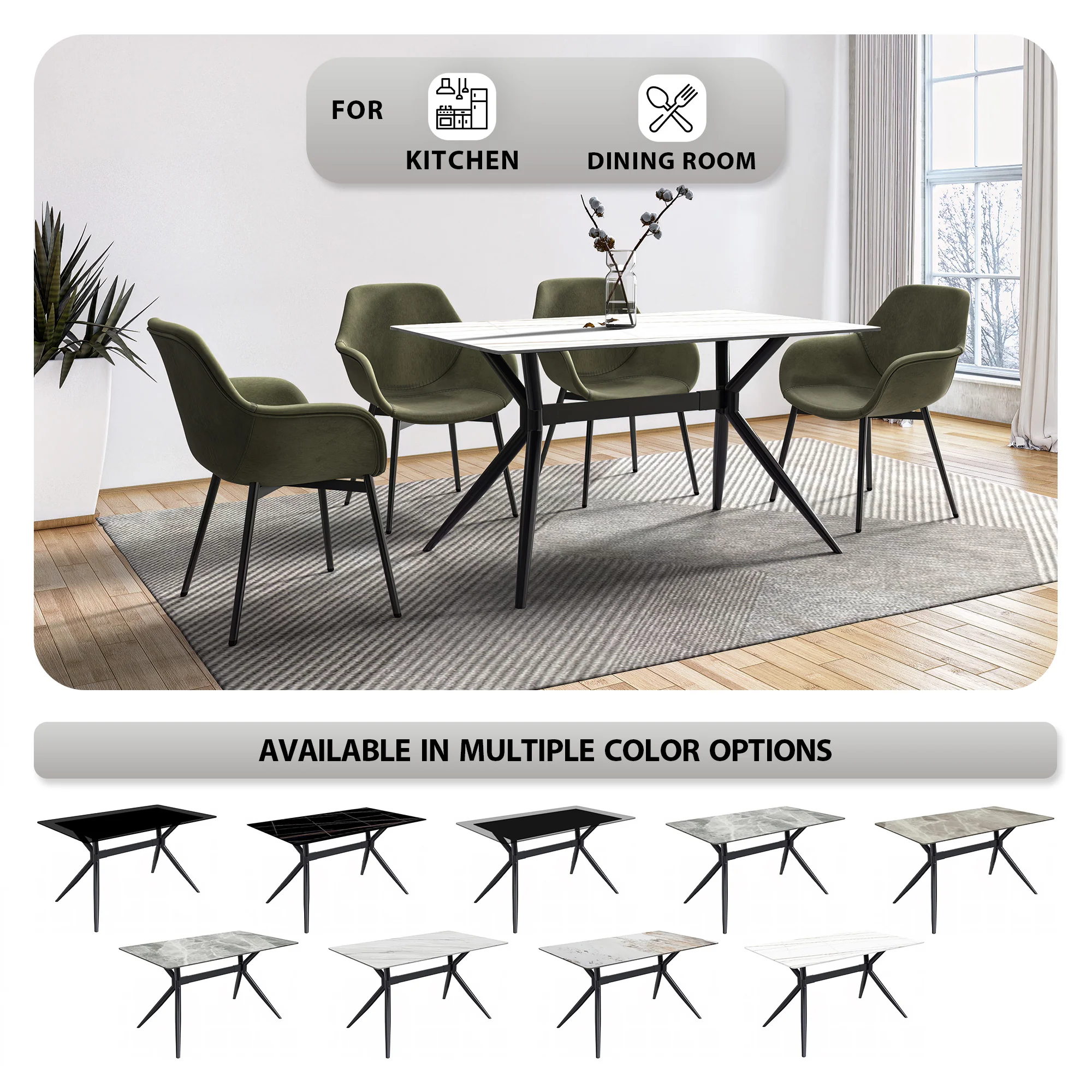 Elega Series Black Stainless Steel Dining Table 55 With White/Gold Sintered Stone Top