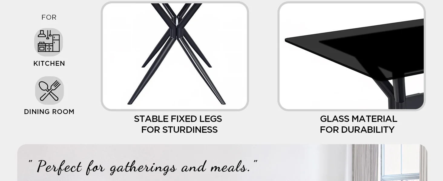 Elega Series Black Carbon Steel Dining Table 62 With Black Glass Top