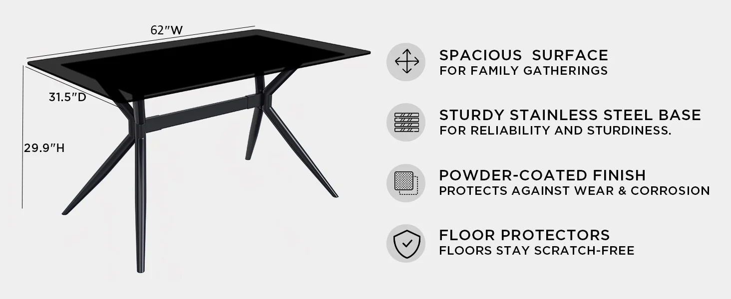 Elega Series Black Carbon Steel Dining Table 62 With Black Glass Top