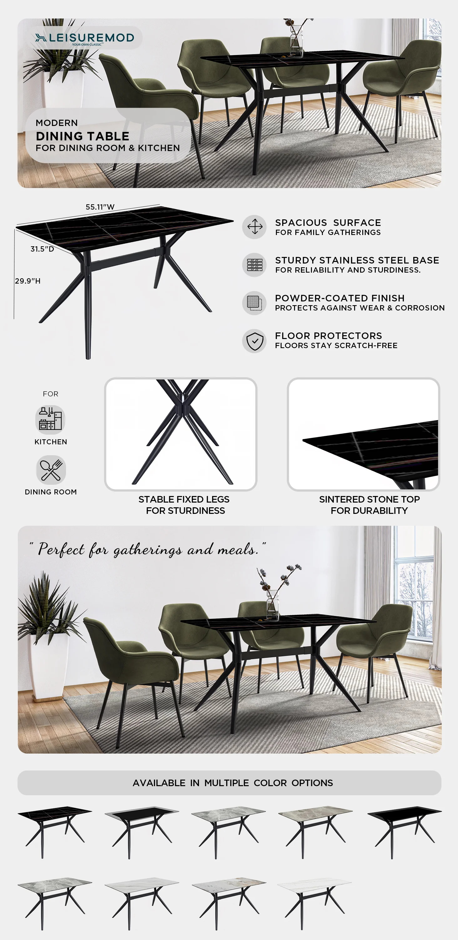 Elega Series Black Carbon Steel Dining Table 62 With Black/Gold Sintered Stone Top