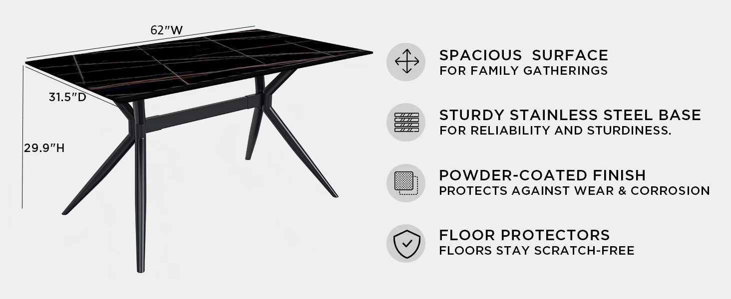 Elega Series Black Carbon Steel Dining Table 62 With Black/Gold Sintered Stone Top