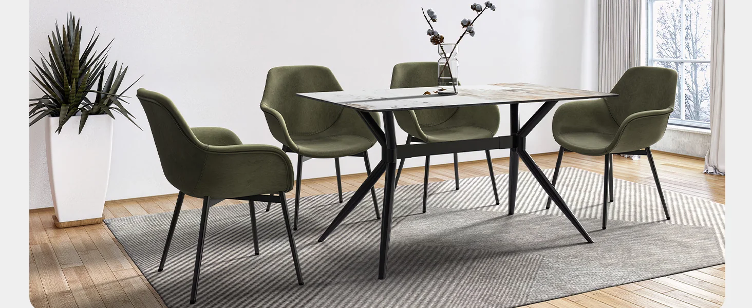 Elega Series Black Carbon Steel Dining Table 62 With White Grey Sintered Stone Top