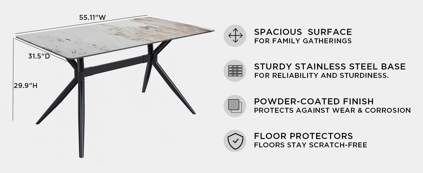 Elega Series Black Carbon Steel Dining Table 62 With White Grey Sintered Stone Top