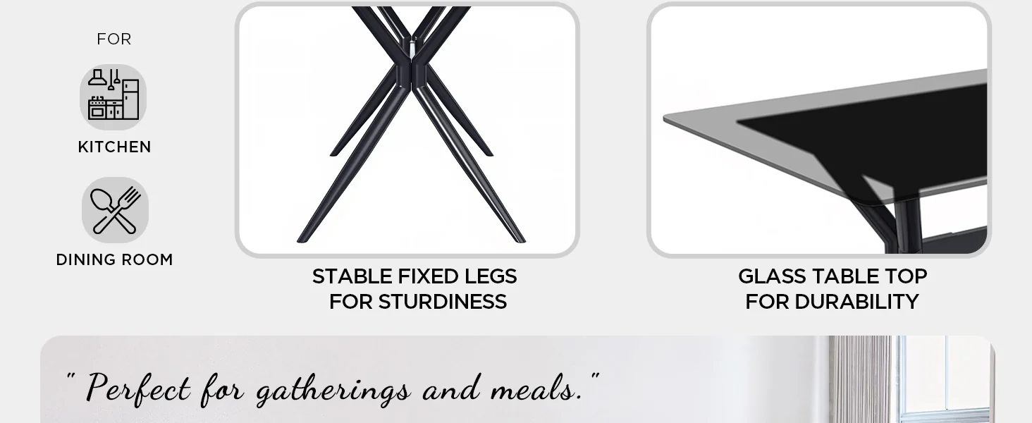 Elega Series Black Carbon Steel Dining Table 62 With Clear Glass Top