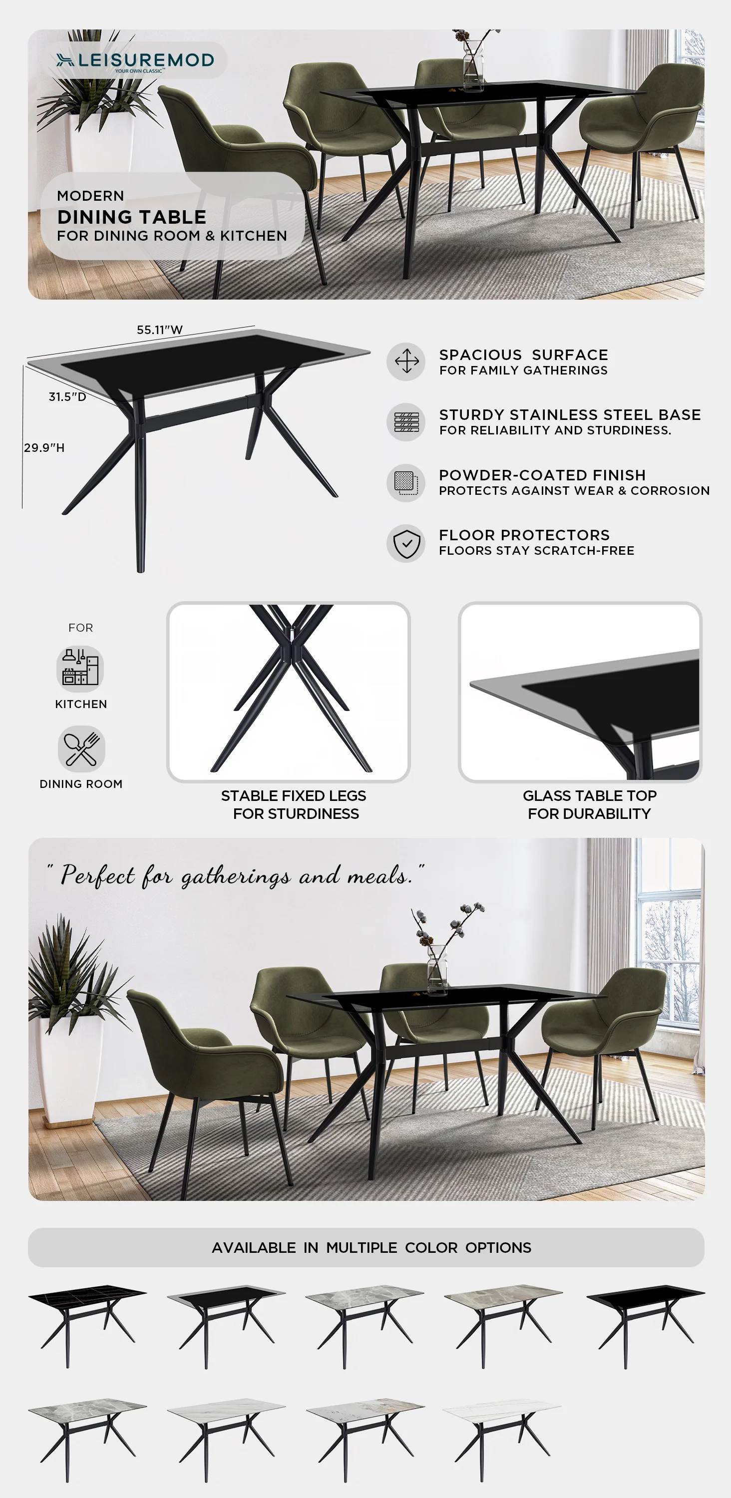 Elega Series Black Carbon Steel Dining Table 62 With Clear Glass Top