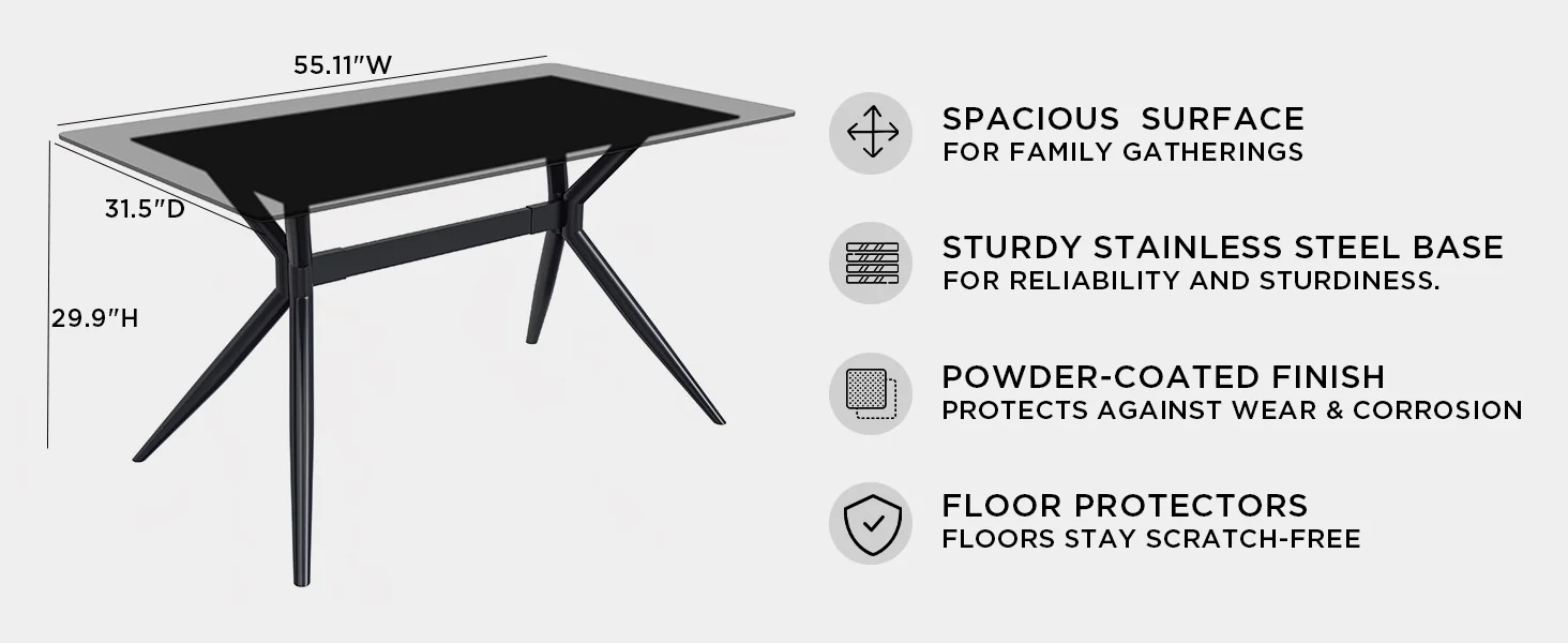 Elega Series Black Carbon Steel Dining Table 62 With Clear Glass Top