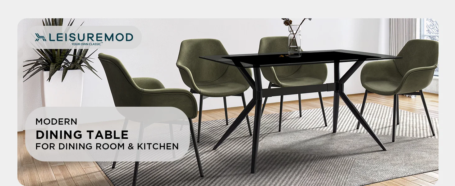 Elega Series Black Carbon Steel Dining Table 62 With Clear Glass Top