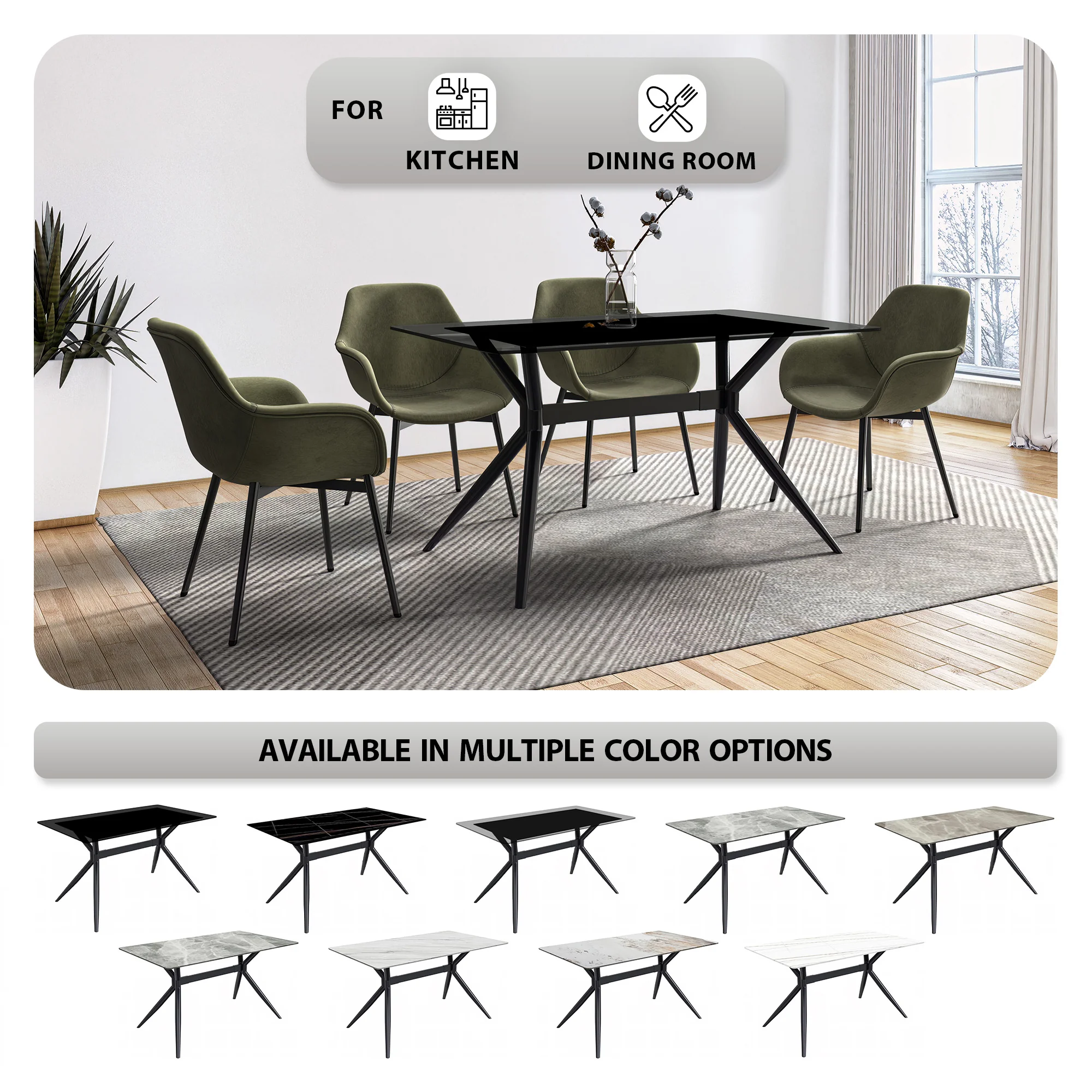 Elega Series Black Carbon Steel Dining Table 62 With Clear Glass Top