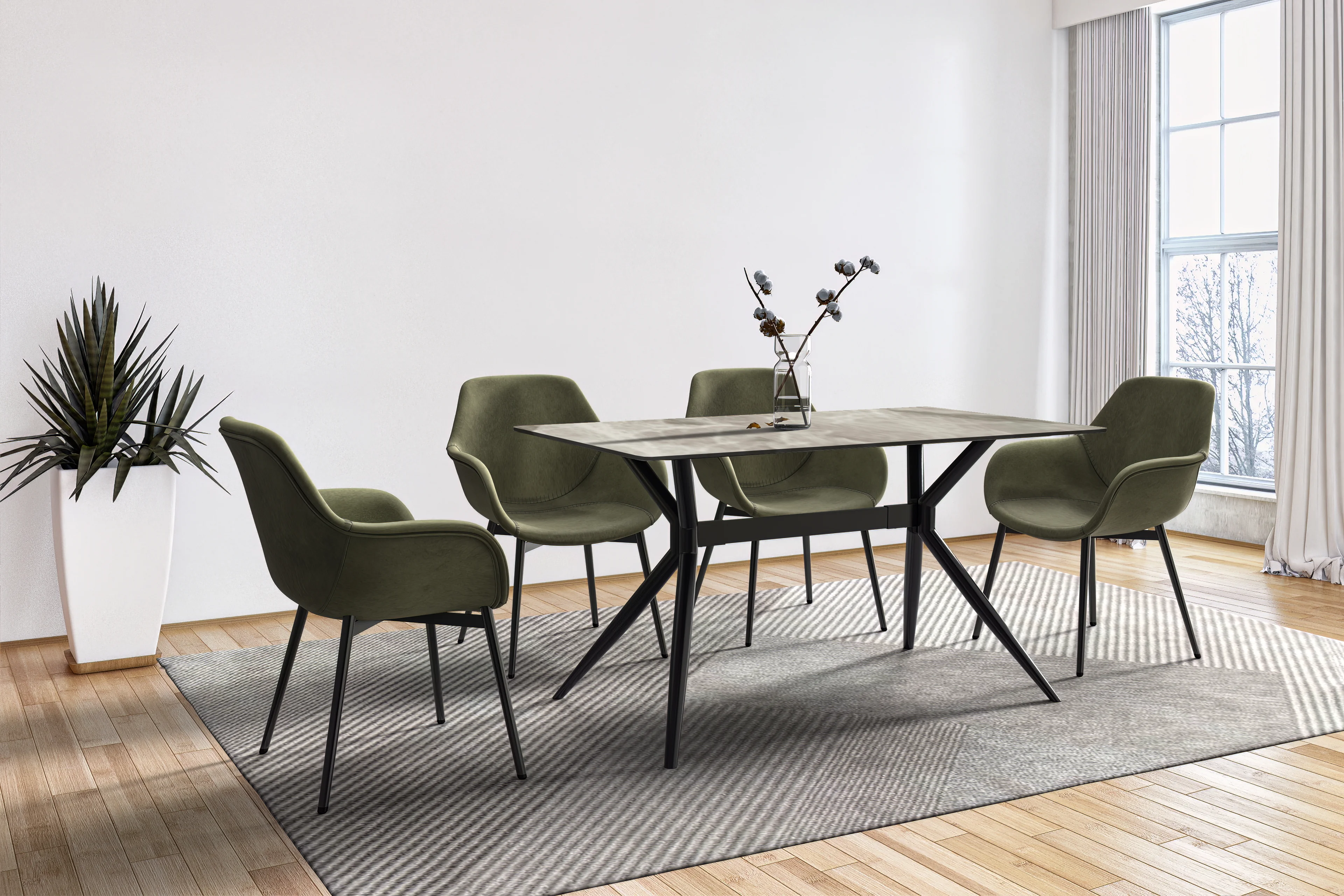 Elega Series Black Carbon Steel Dining Table 62 With Deep Grey Sintered Stone Top