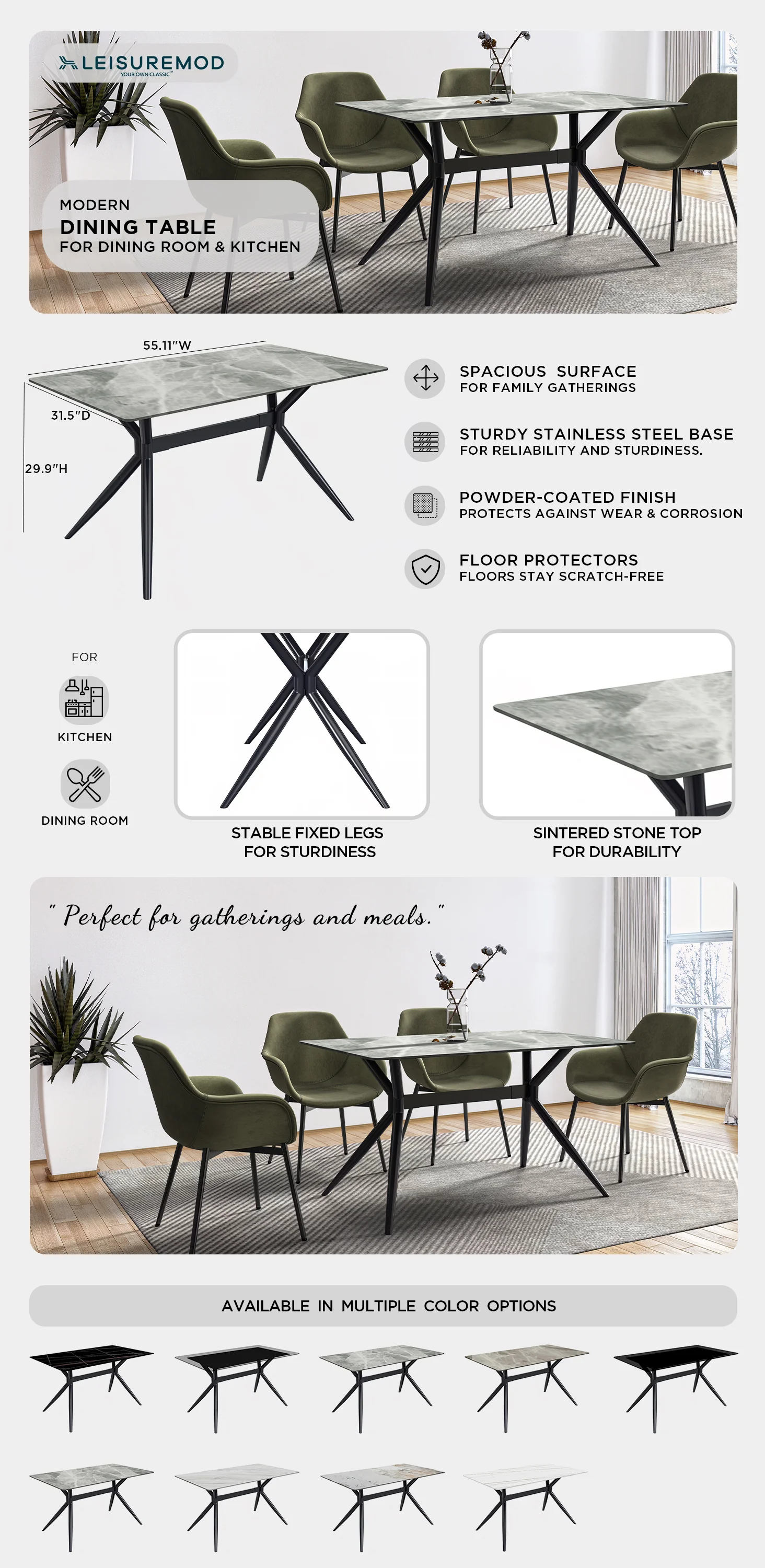 Elega Series Black Carbon Steel Dining Table 62 With Light Grey Sintered Stone Top