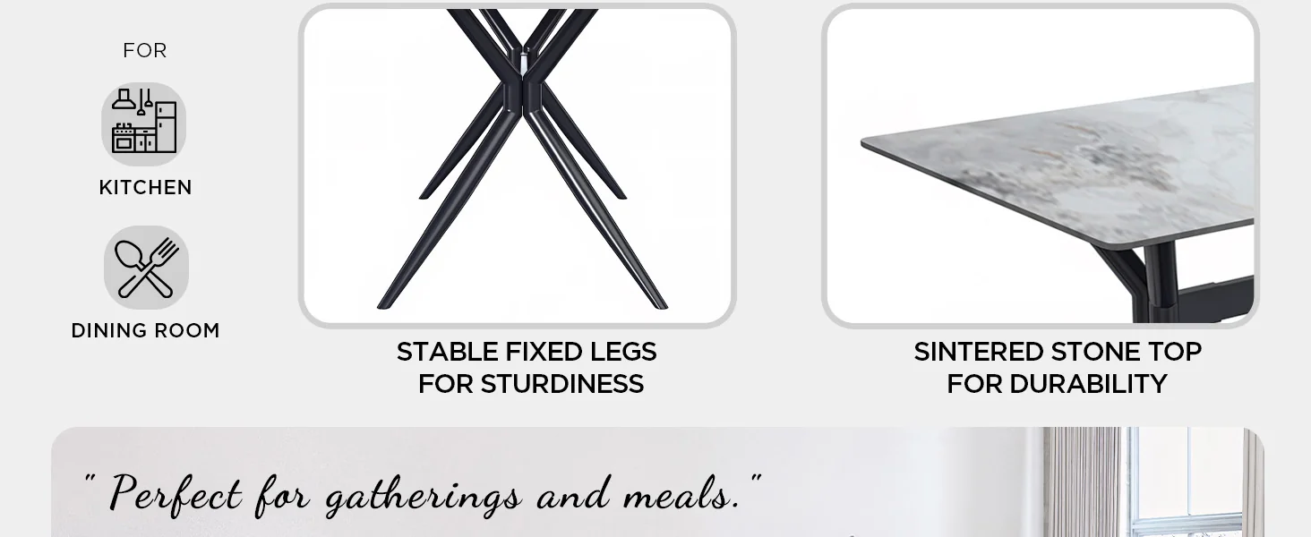 Elega Series Black Carbon Steel Dining Table 62 With Medium Grey Sintered Stone Top