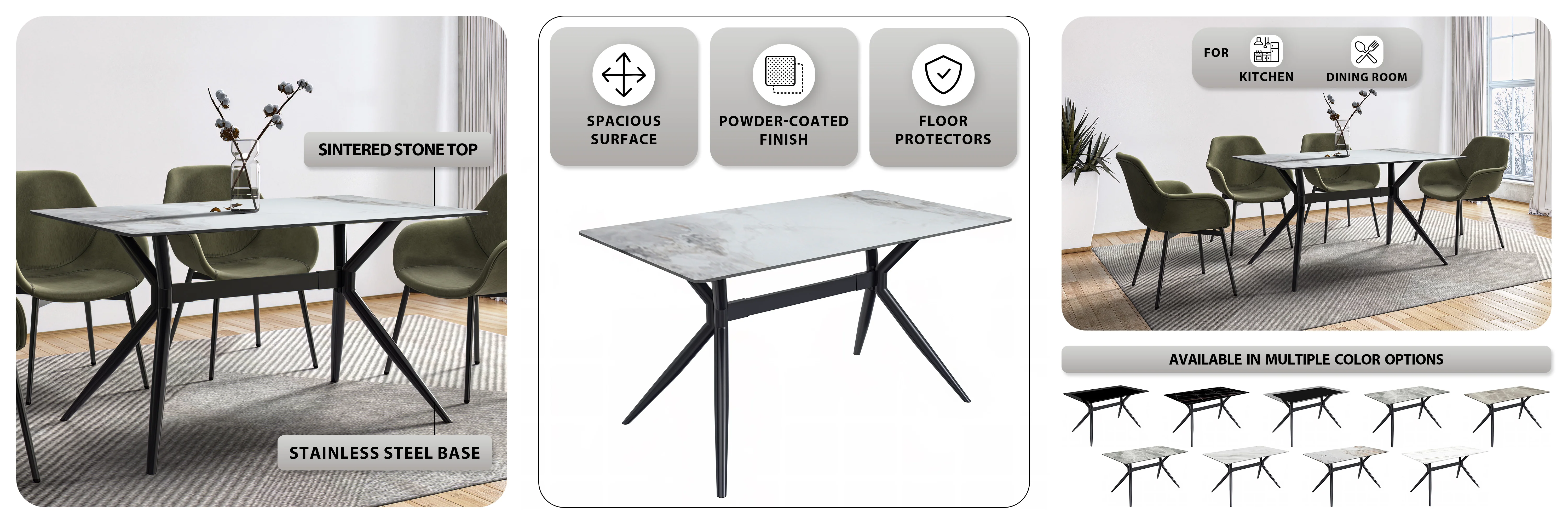 Elega Series Black Carbon Steel Dining Table 62 With Medium Grey Sintered Stone Top