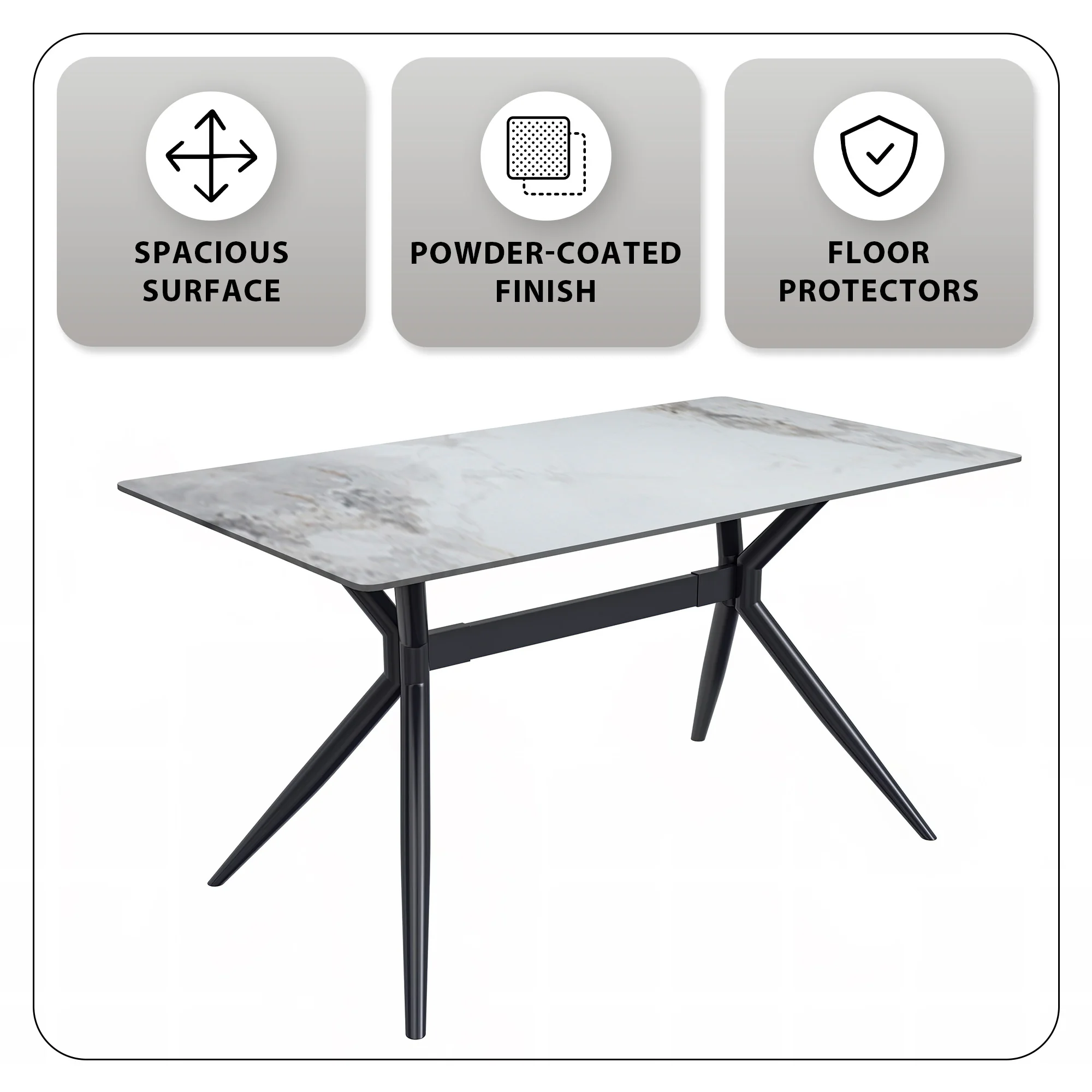 Elega Series Black Carbon Steel Dining Table 62 With Medium Grey Sintered Stone Top