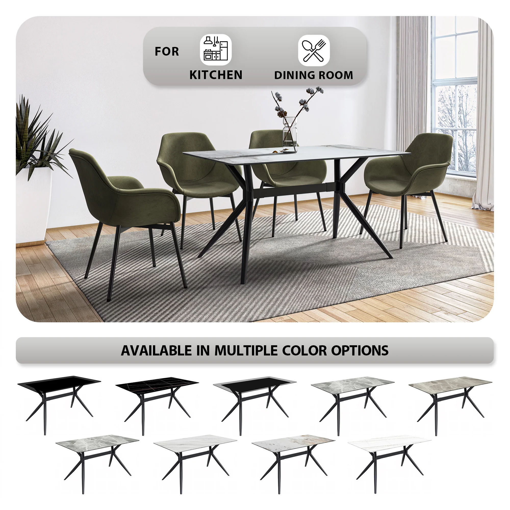 Elega Series Black Carbon Steel Dining Table 62 With Medium Grey Sintered Stone Top