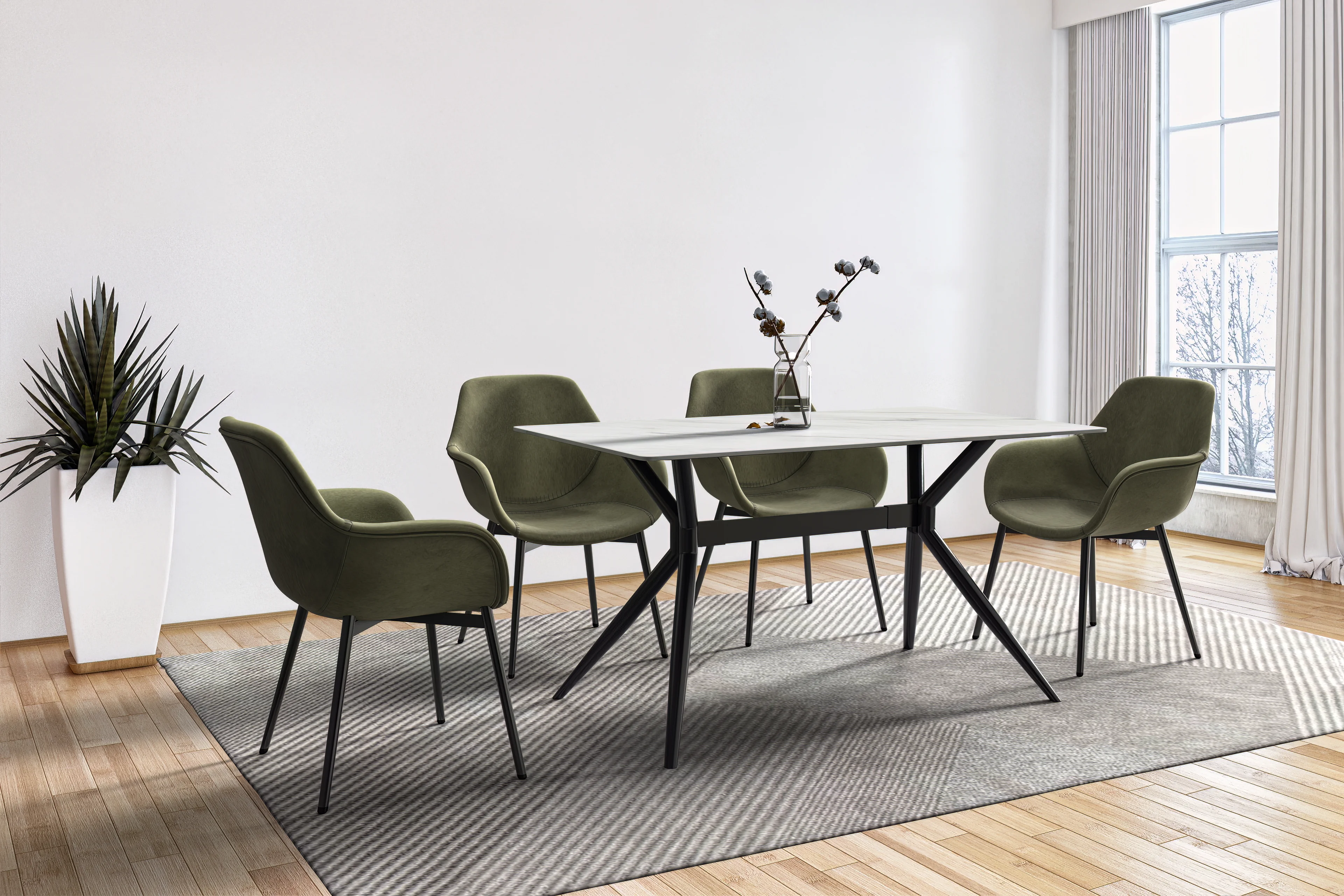 Elega Series Black Carbon Steel Dining Table 62 With White Sintered Stone Top