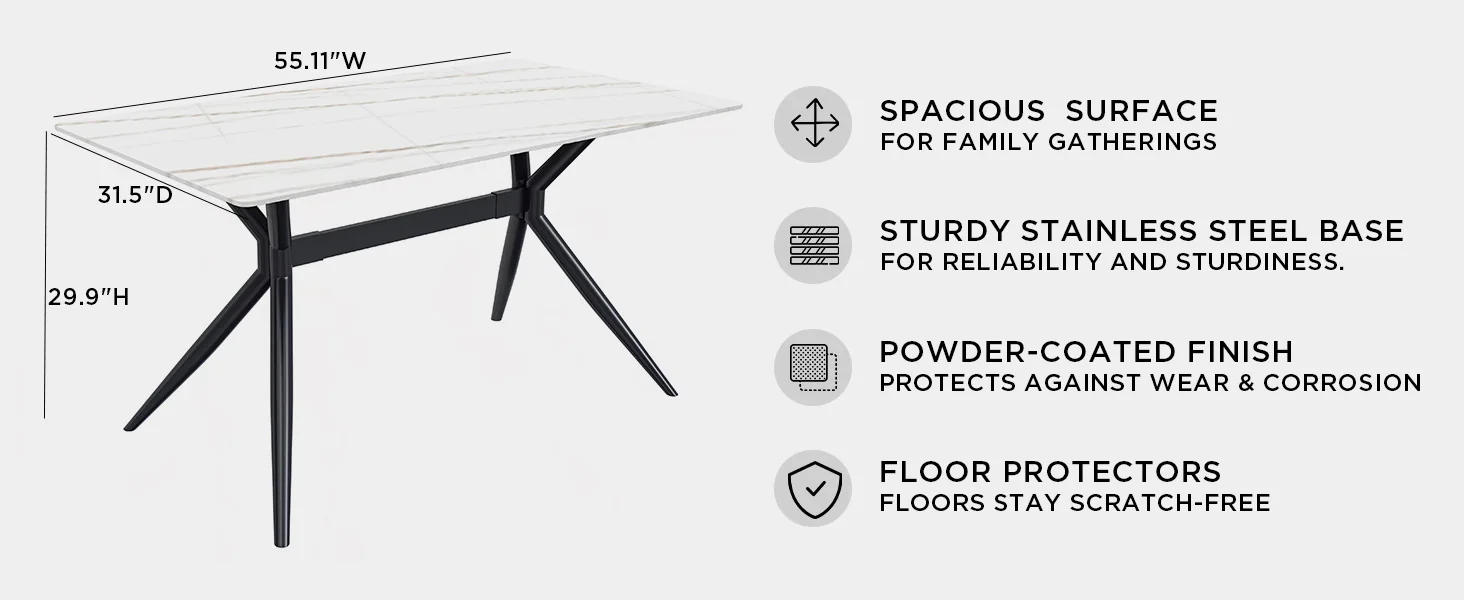 Elega Series Black Carbon Steel Dining Table 62 With White/Gold Sintered Stone Top