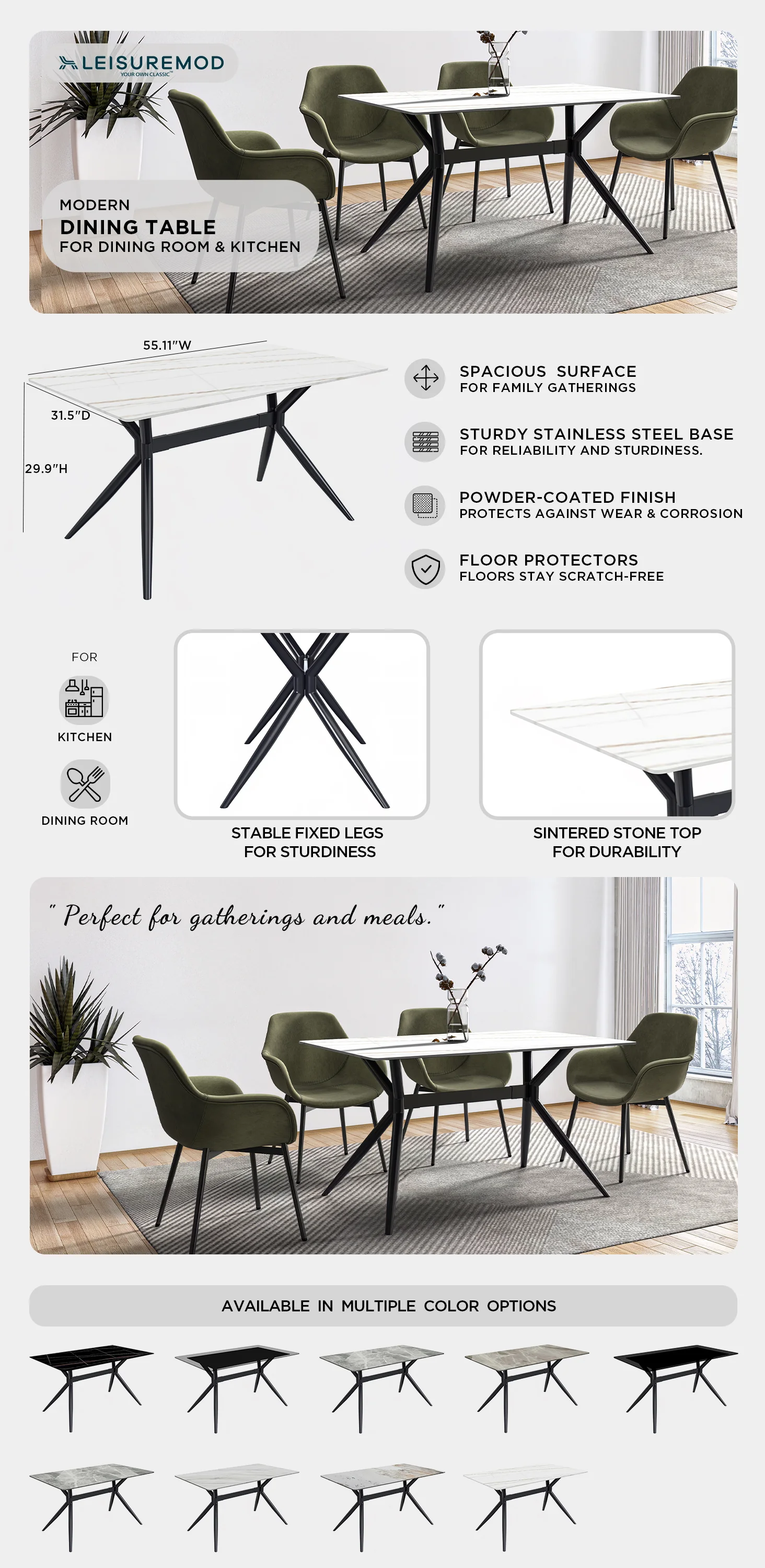 Elega Series Black Carbon Steel Dining Table 62 With White/Gold Sintered Stone Top