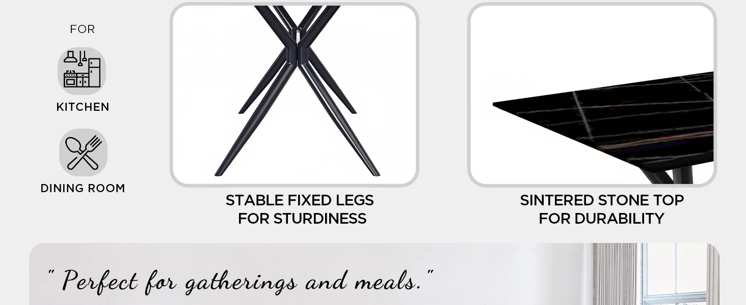 Elega Series Black Carbon Steel Dining Table 71 With Black/Gold Sintered Stone Top