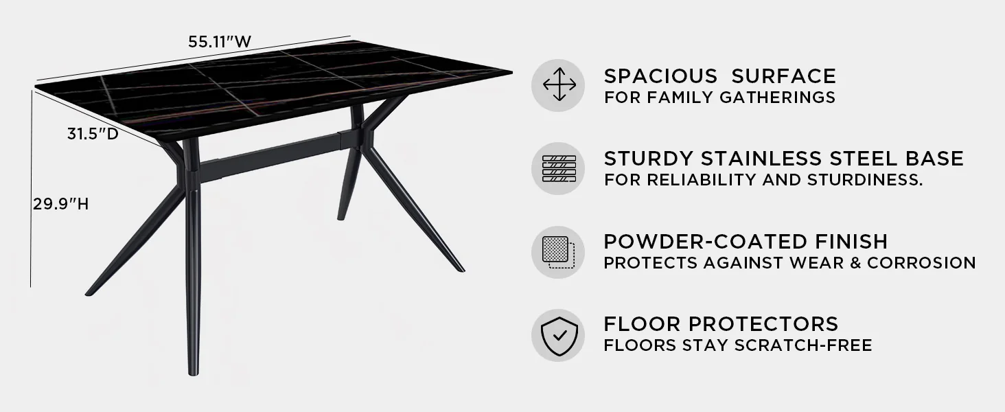 Elega Series Black Carbon Steel Dining Table 71 With Black/Gold Sintered Stone Top