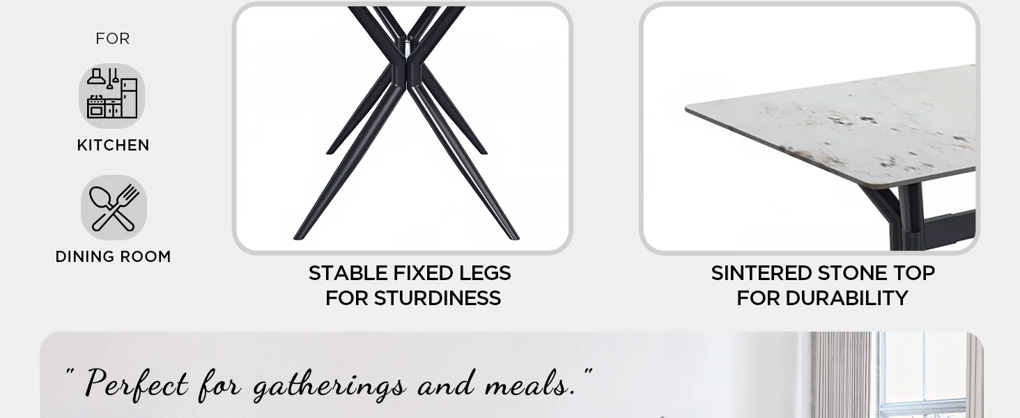 Elega Series Black Carbon Steel Dining Table 71 With White Grey Sintered Stone Top