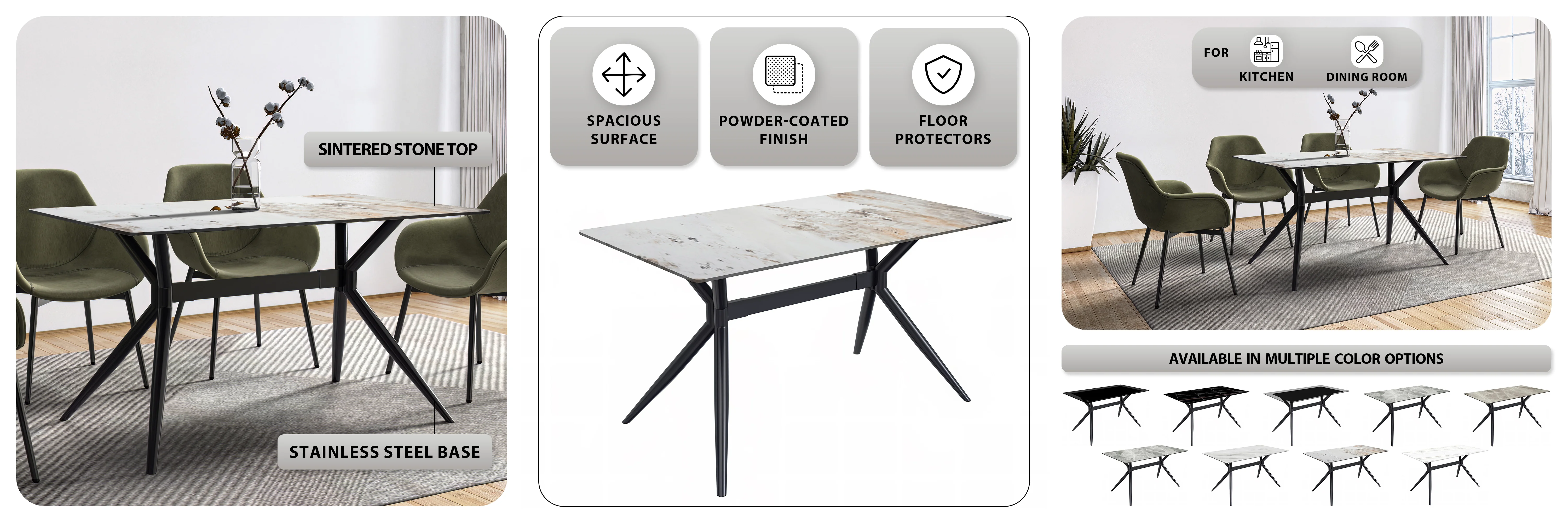 Elega Series Black Carbon Steel Dining Table 71 With White Grey Sintered Stone Top