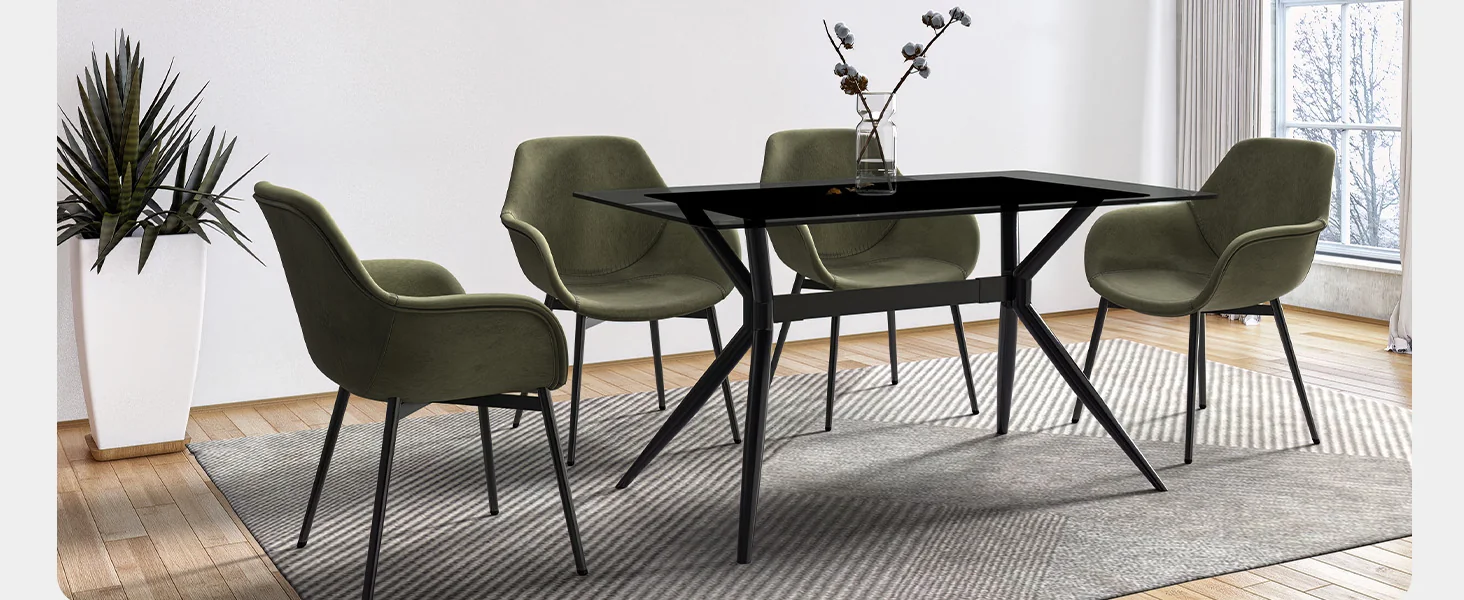 Elega Series Black Carbon Steel Dining Table 71 With Clear Glass Top