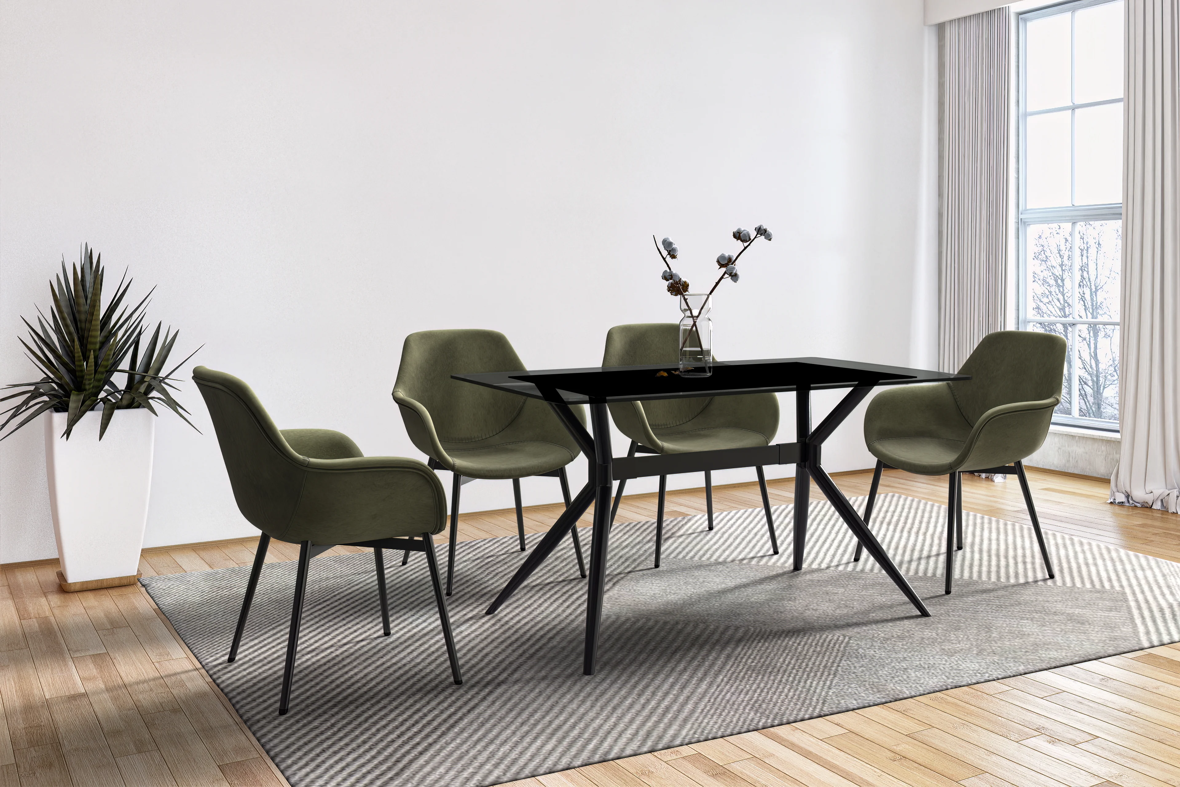 Elega Series Black Carbon Steel Dining Table 71 With Clear Glass Top