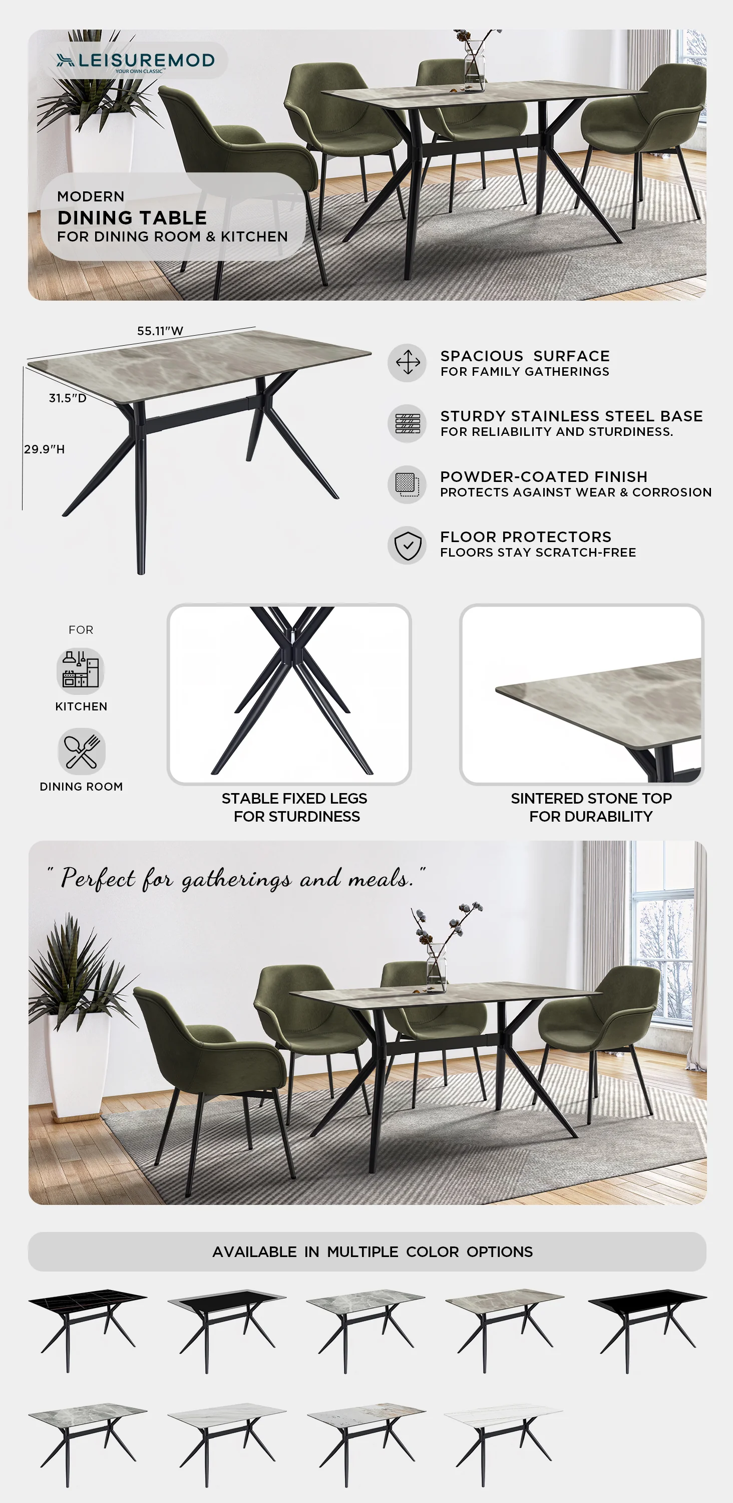 Elega Series Black Carbon Steel Dining Table 71 With Deep Grey Sintered Stone Top