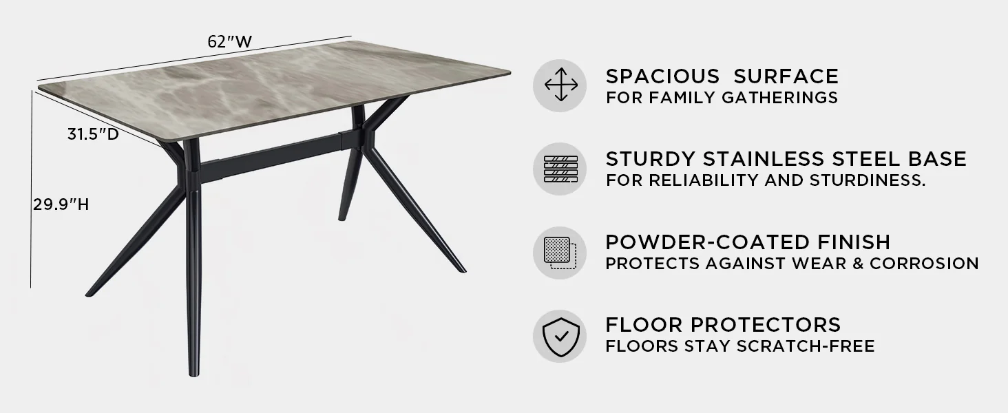 Elega Series Black Carbon Steel Dining Table 71 With Deep Grey Sintered Stone Top