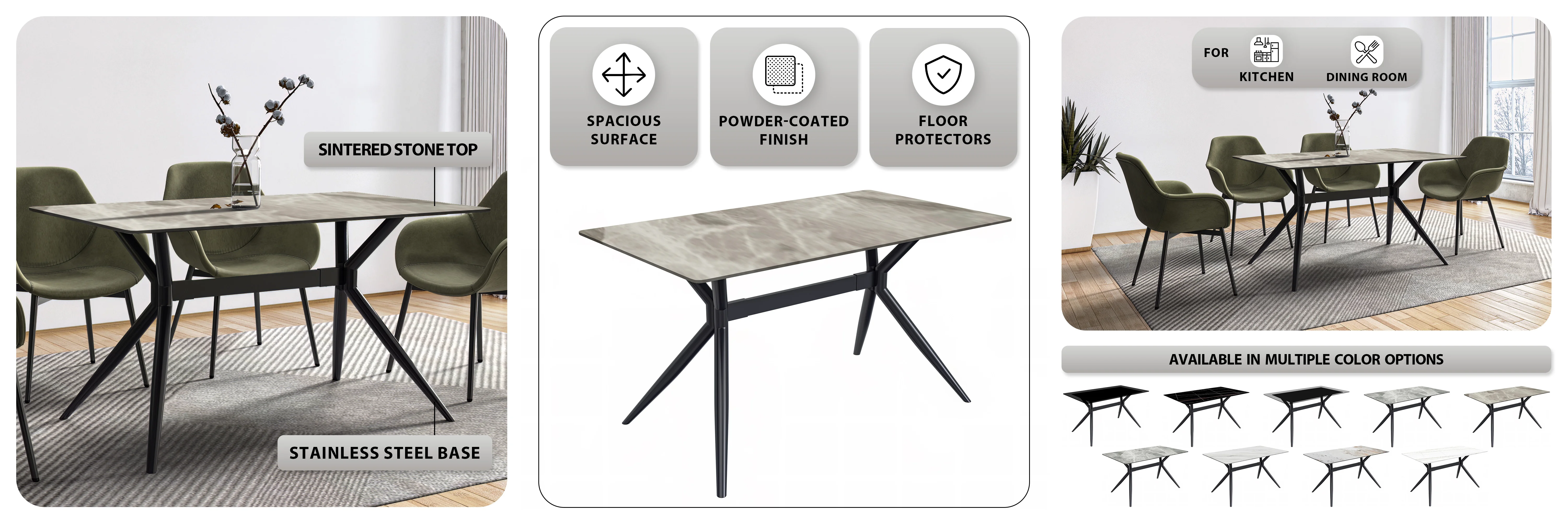Elega Series Black Carbon Steel Dining Table 71 With Deep Grey Sintered Stone Top