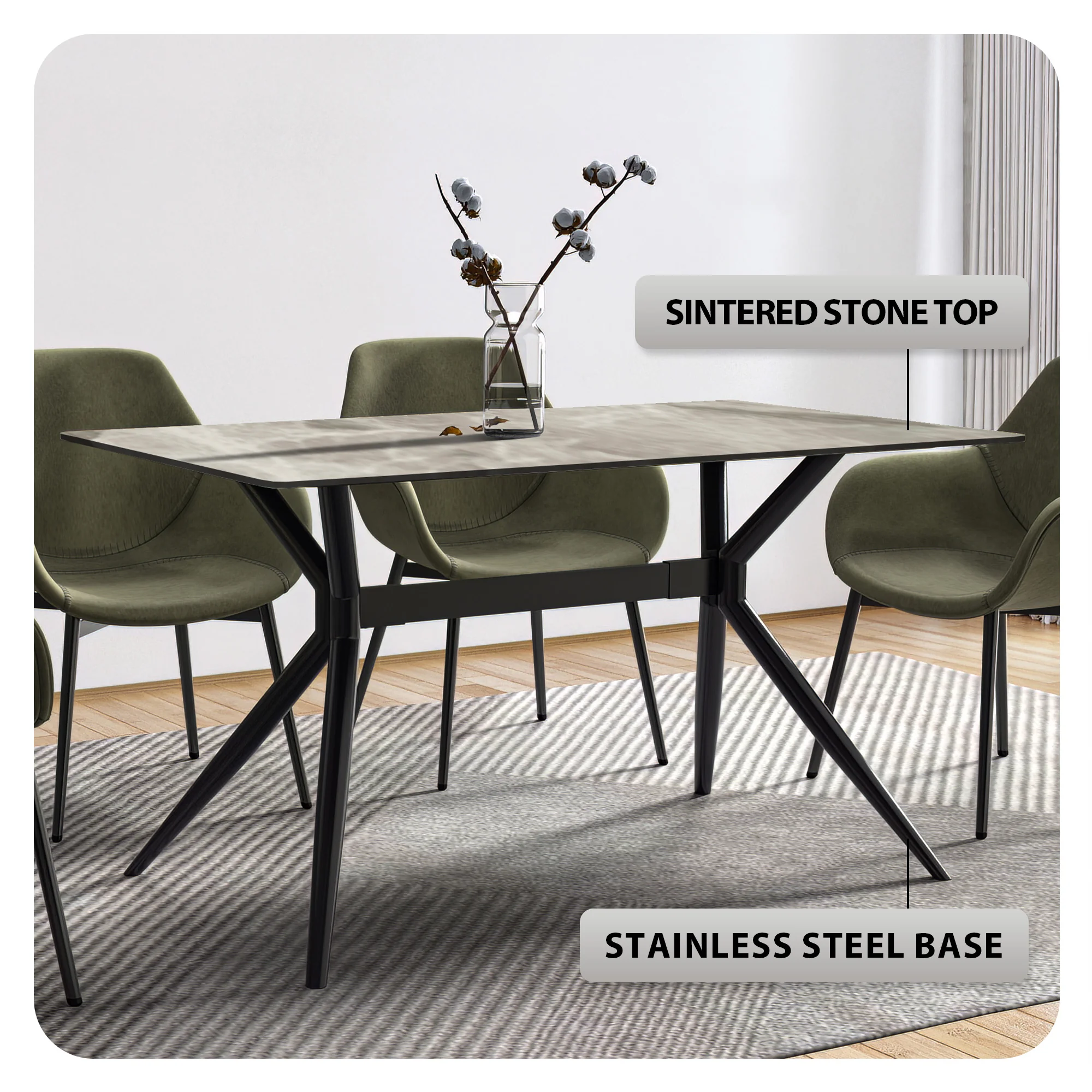 Elega Series Black Carbon Steel Dining Table 71 With Deep Grey Sintered Stone Top