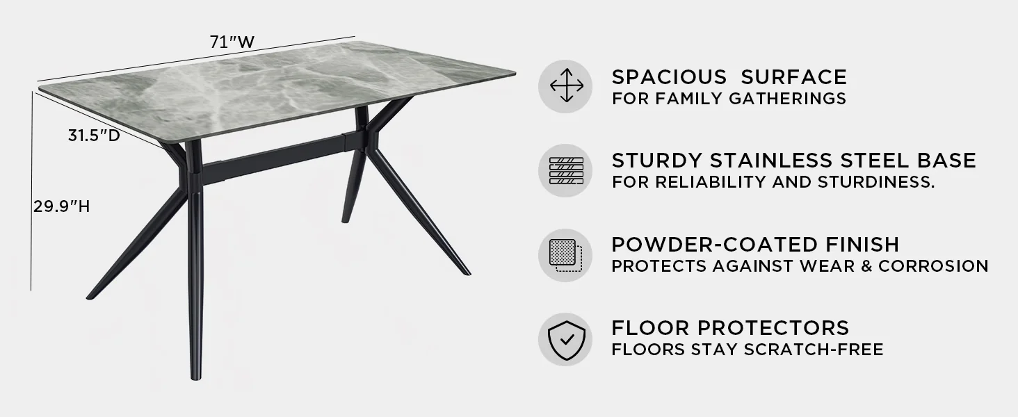 Elega Series Black Carbon Steel Dining Table 71 With Light Grey Sintered Stone Top