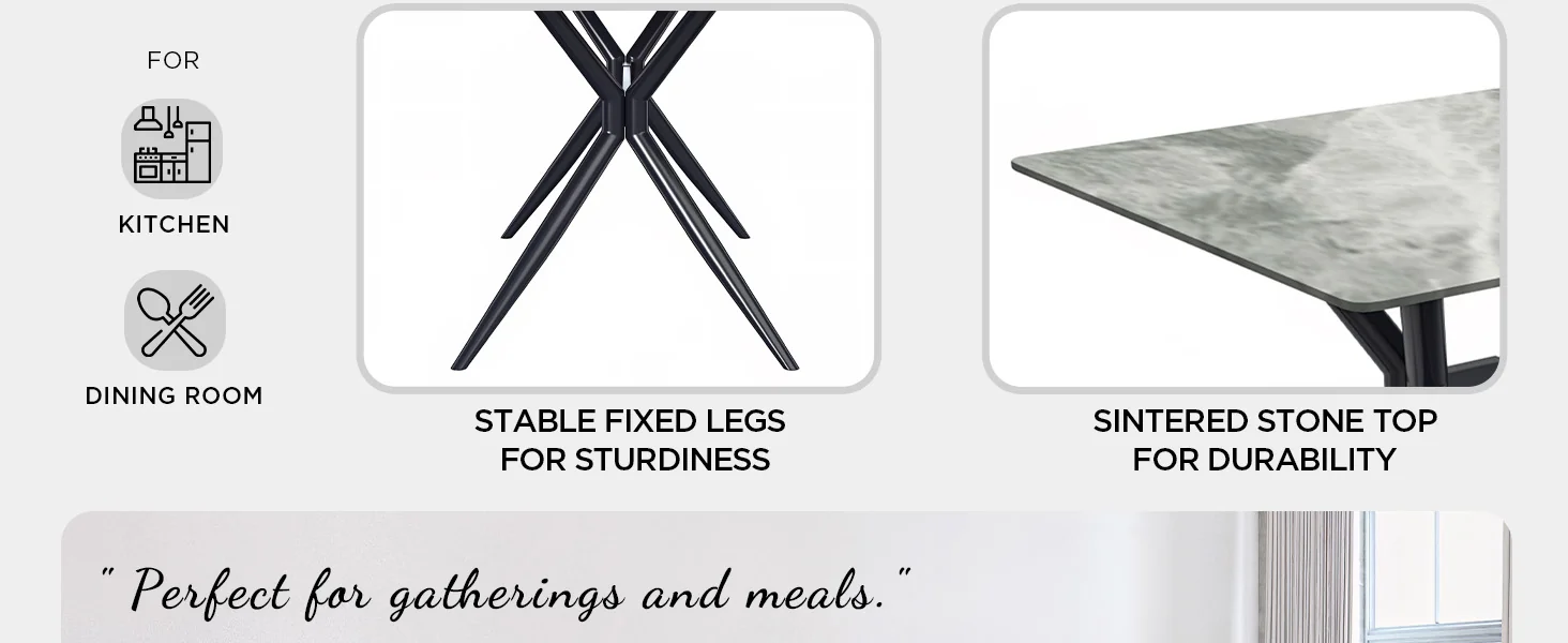 Elega Series Black Carbon Steel Dining Table 71 With Light Grey Sintered Stone Top