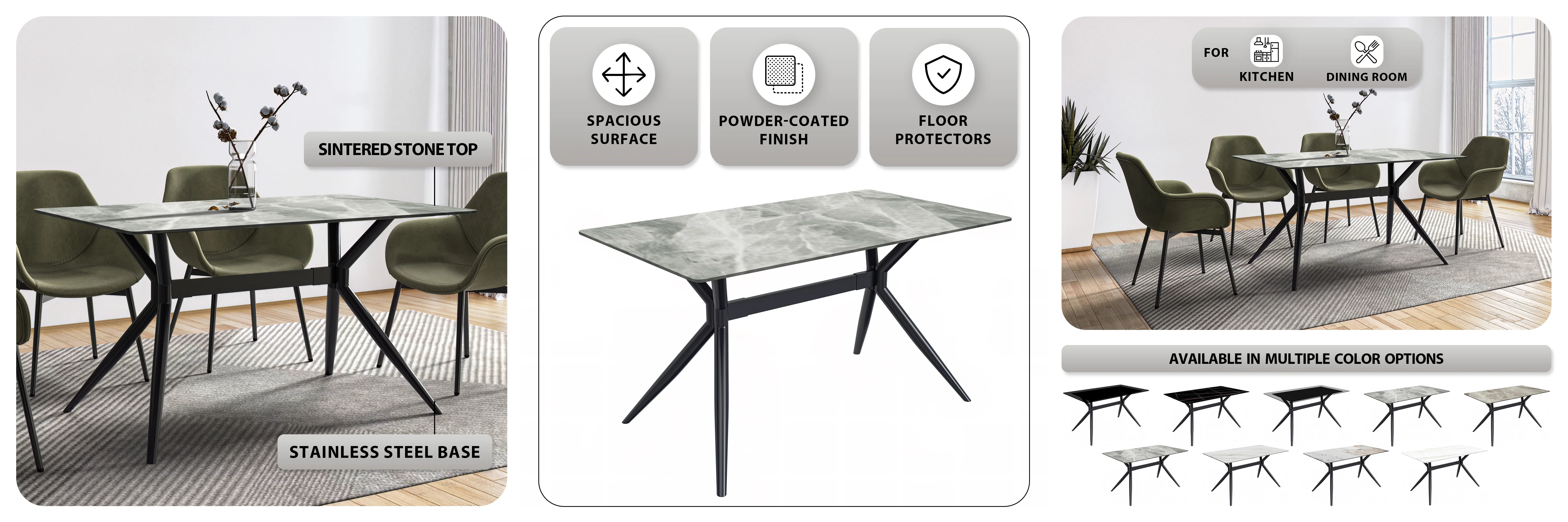 Elega Series Black Carbon Steel Dining Table 71 With Light Grey Sintered Stone Top
