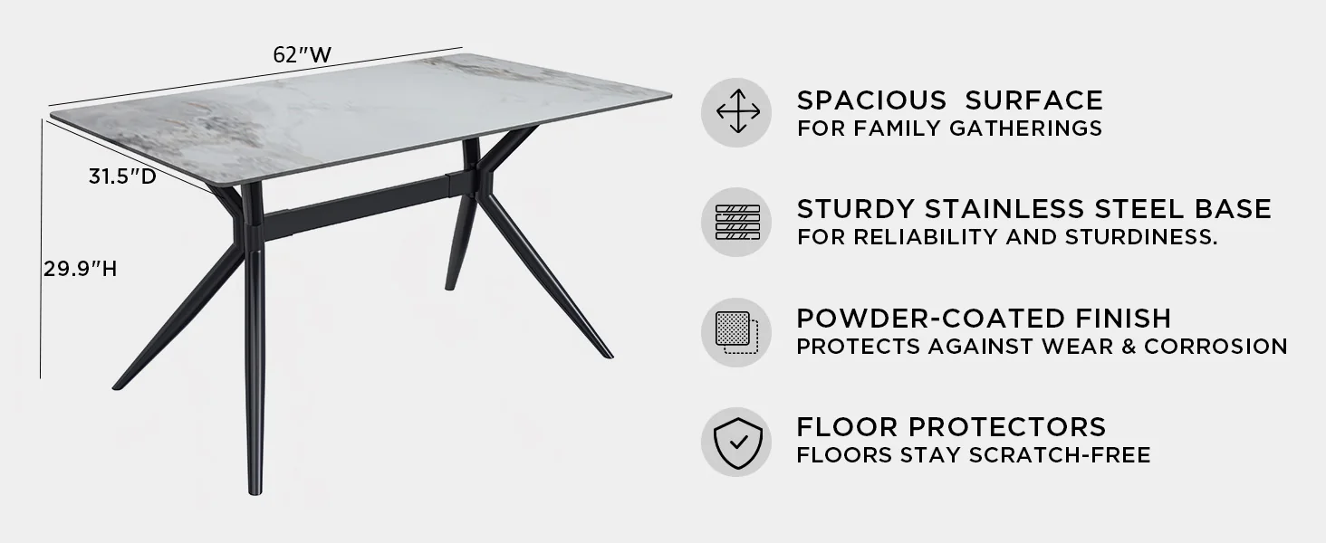 Elega Series Black Carbon Steel Dining Table 71 With Medium Grey Sintered Stone Top