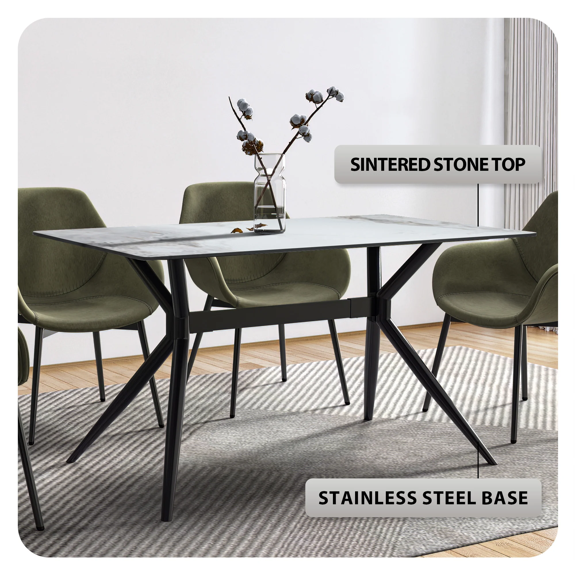 Elega Series Black Carbon Steel Dining Table 71 With Medium Grey Sintered Stone Top