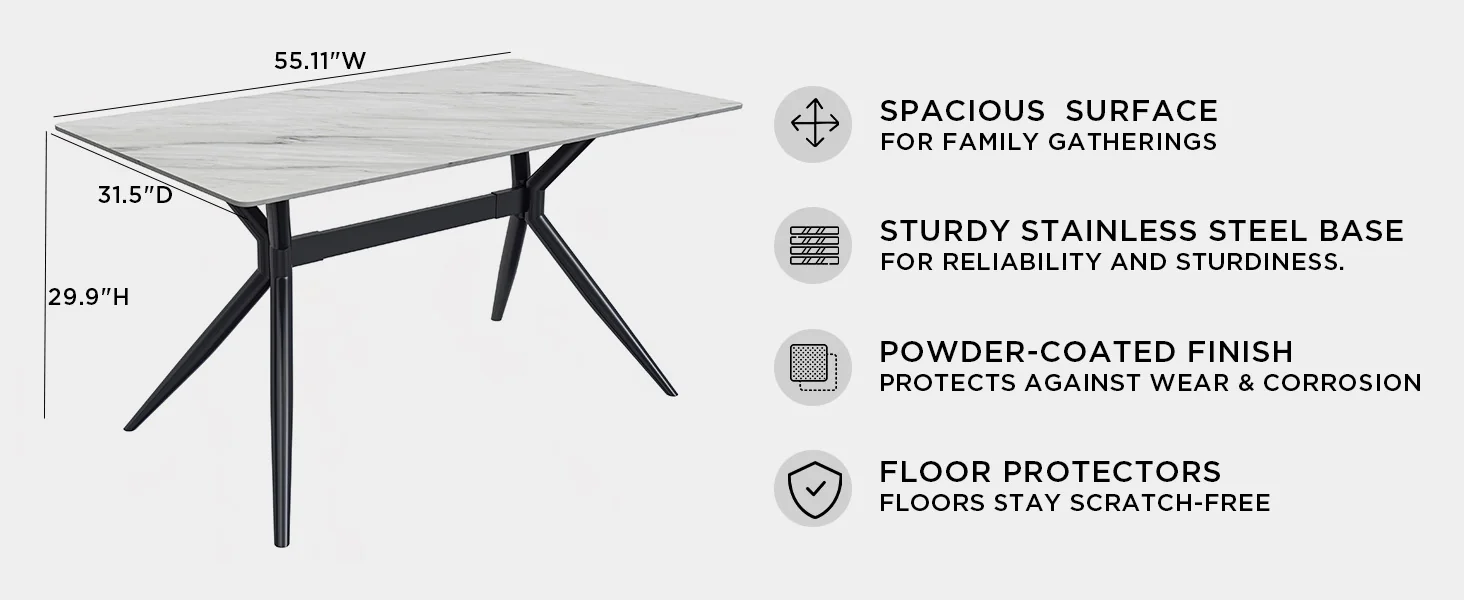Elega Series Black Carbon Steel Dining Table 71 With White Sintered Stone Top