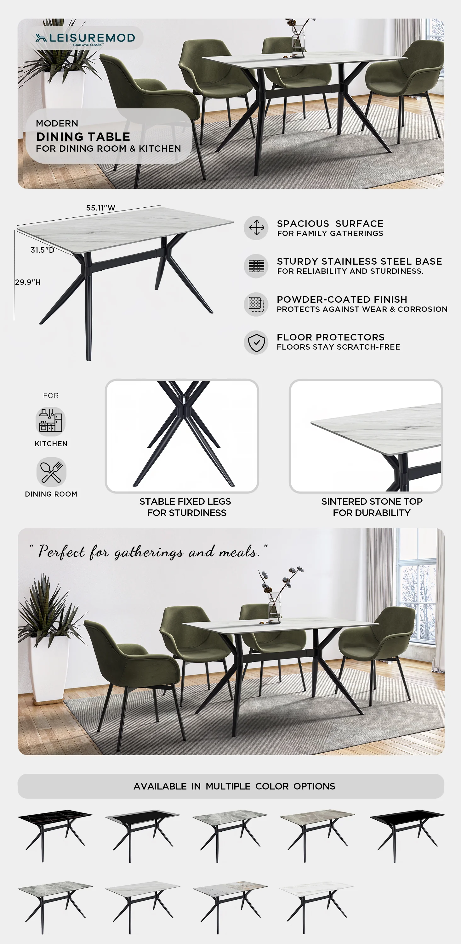 Elega Series Black Carbon Steel Dining Table 71 With White Sintered Stone Top