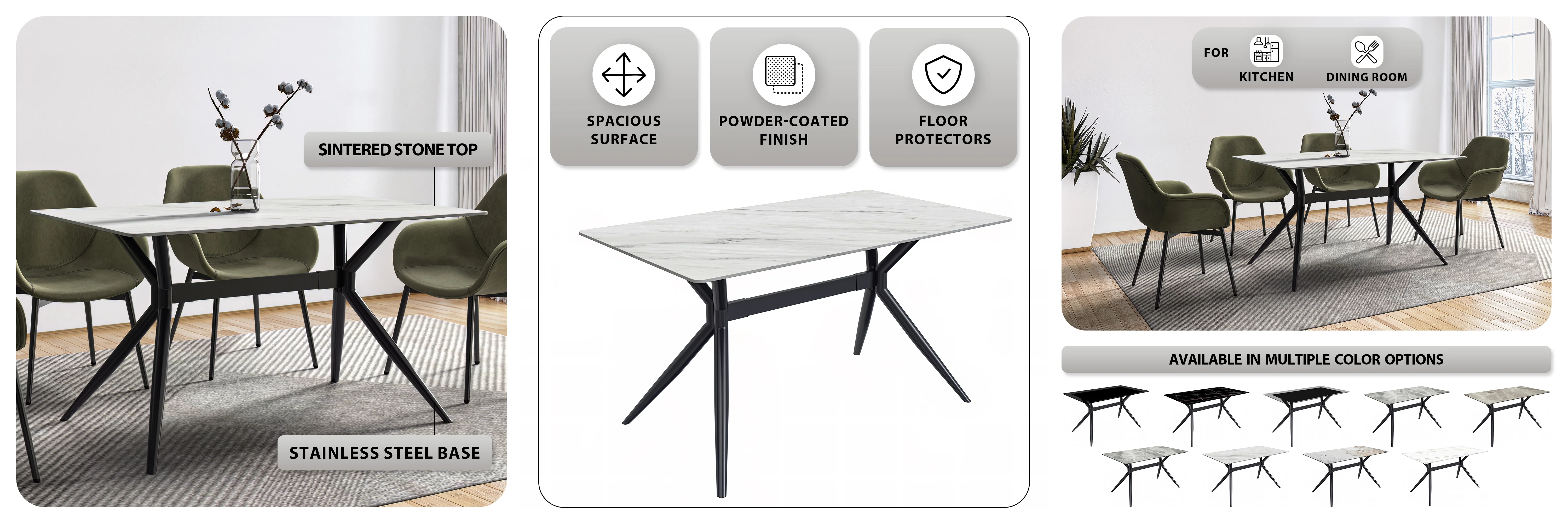 Elega Series Black Carbon Steel Dining Table 71 With White Sintered Stone Top