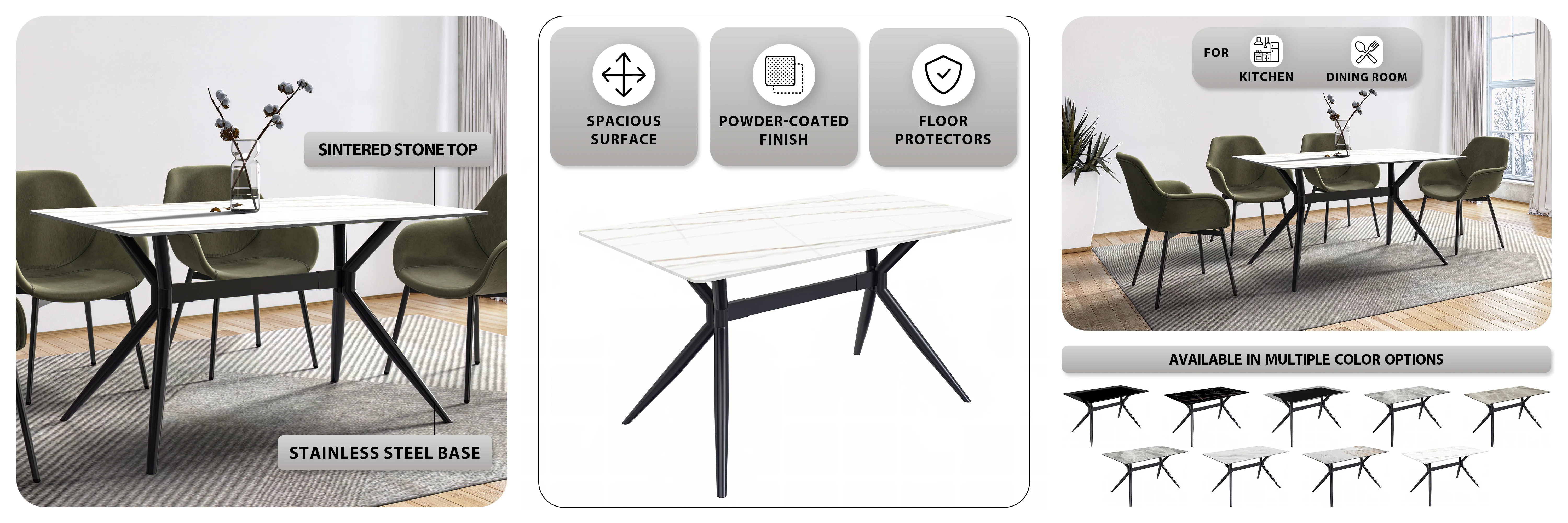 Elega Series Black Carbon Steel Dining Table 71 With White/Gold Sintered Stone Top