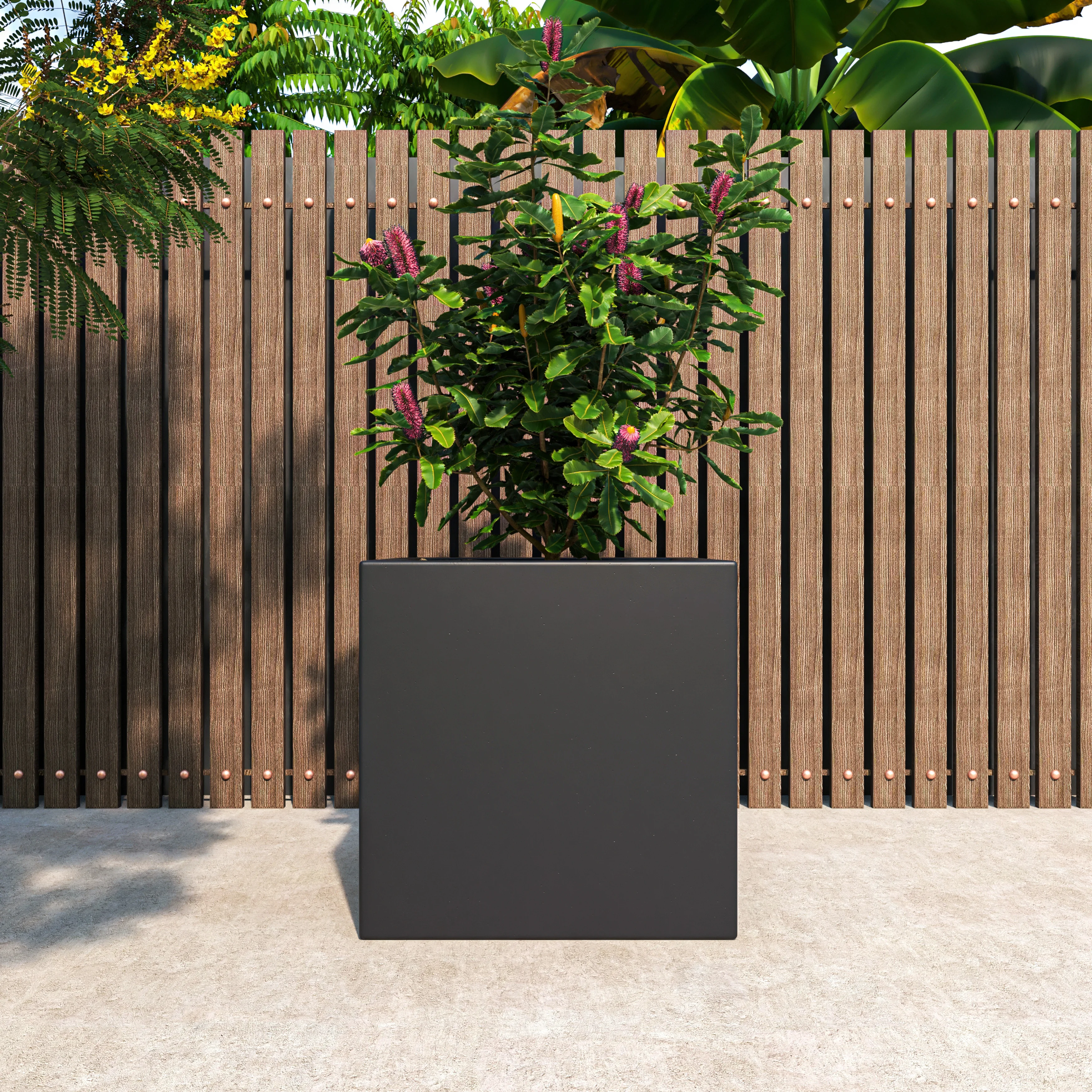 Fern Series Poly Stone Planter 23.6" Cube in Black